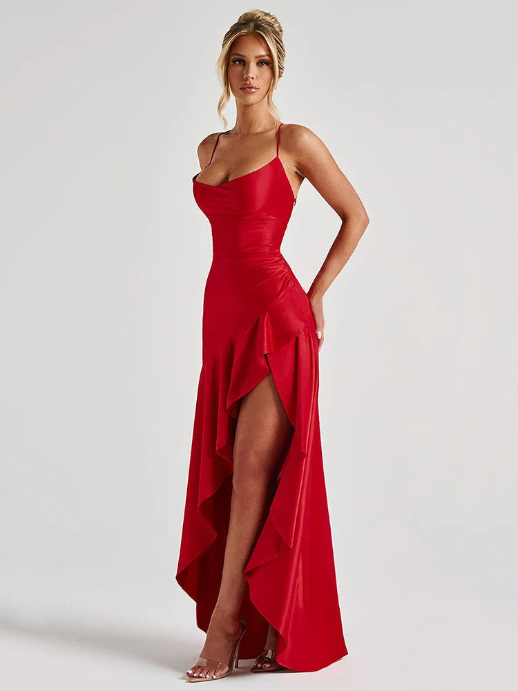 Articat Elegant Spaghetti Strap Satin Split Maxi Dress Women Sexy Backless Bodycon Party Evening Dress Summer