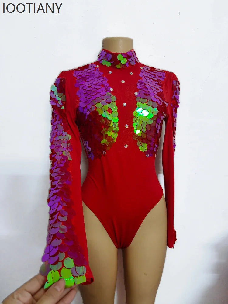 Sexy Mermaid Cosplay Jumpsuit Women Colorful Sequins Fish Scale Rhinestone Bodysuit Masquerade Party Dress Gogo Dancer Swimsuits