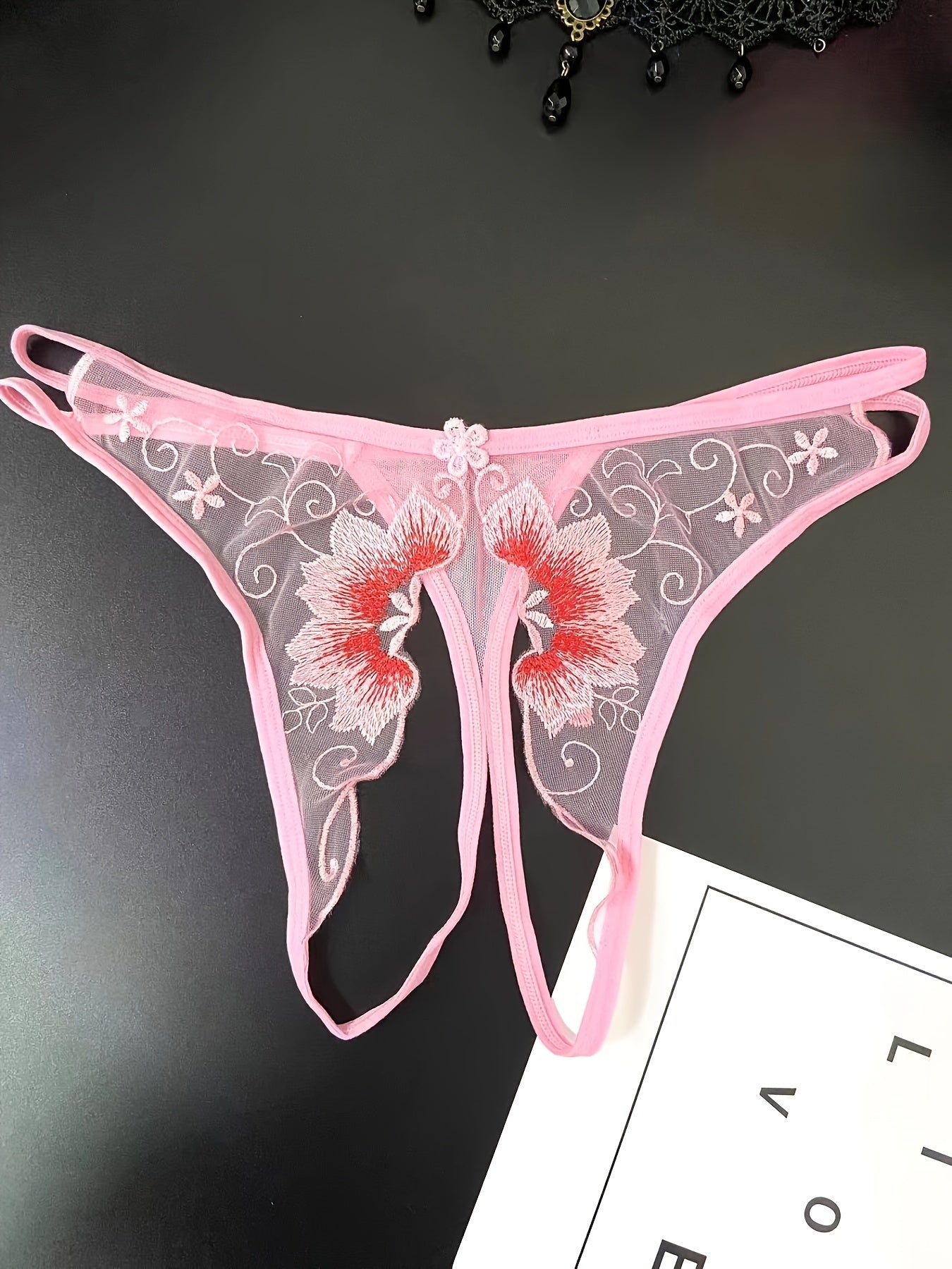 Delicate Floral Embroidered Mesh Thong Lingerie - Seductive Open Crotch & Ultra-Sheer Design - Breathable Womens Intimate Wear for Special Occasions