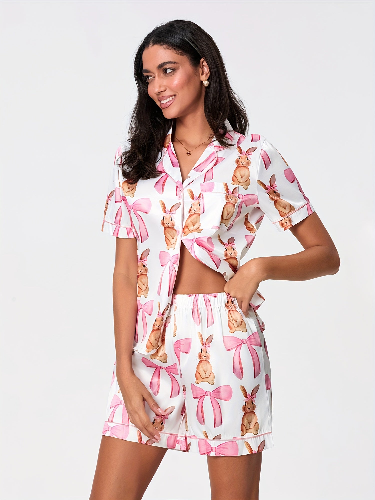 Women 2 Piece Pajamas Set Y2k Bow Print Short Sleeve Shirt Shorts Pjs Outfits Summer Lounge Sets Sleepwear