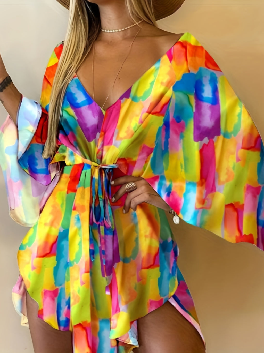 Fashionable V Neck Batwing Dress - Vibrant Full Printed Design with Flattering Tie Waist - Perfect Casual Wear for Women