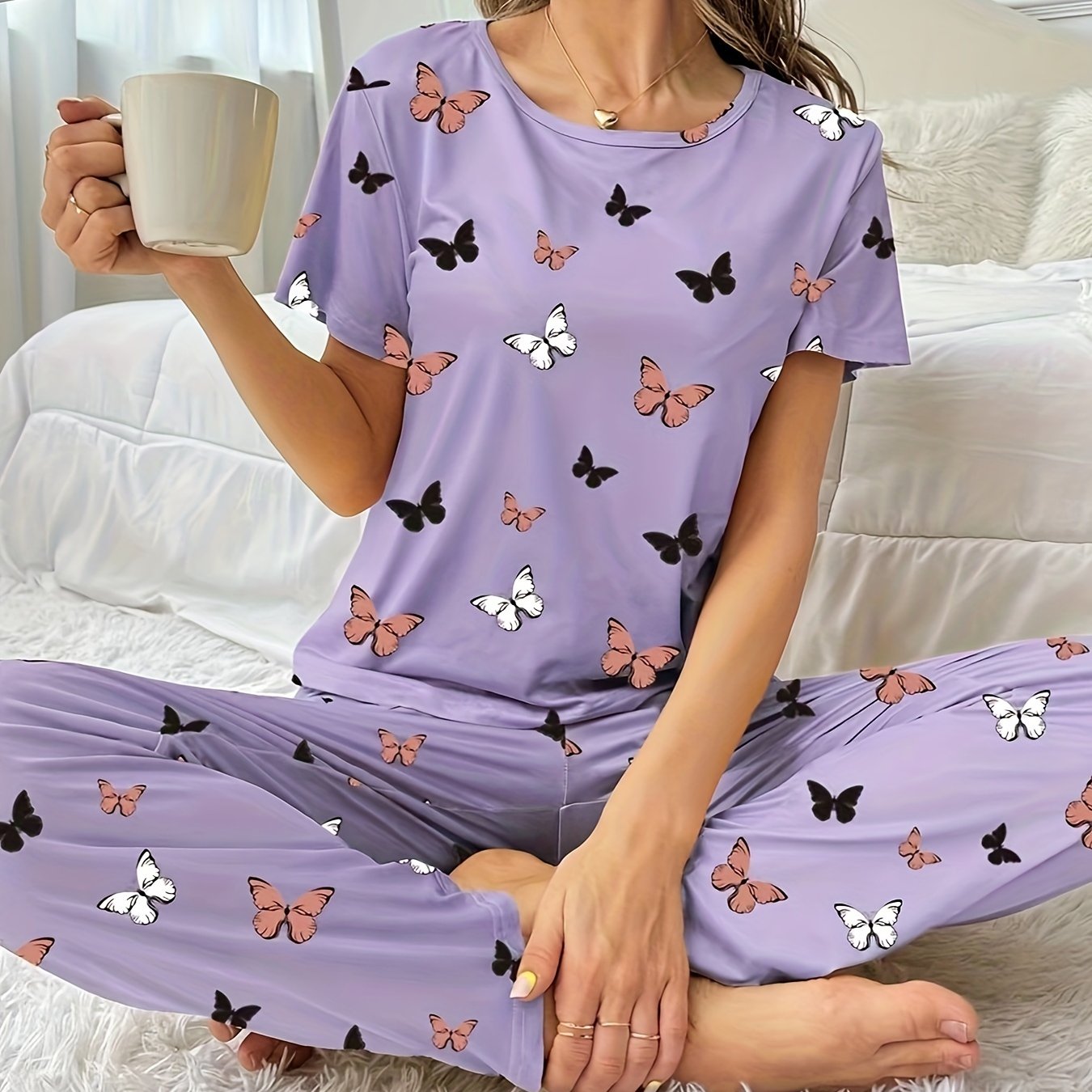 All-Season Chic Butterfly Lounge Set: Flame-Resistant, Comfort-Fit Women's Pajamas with Easy Maintenance