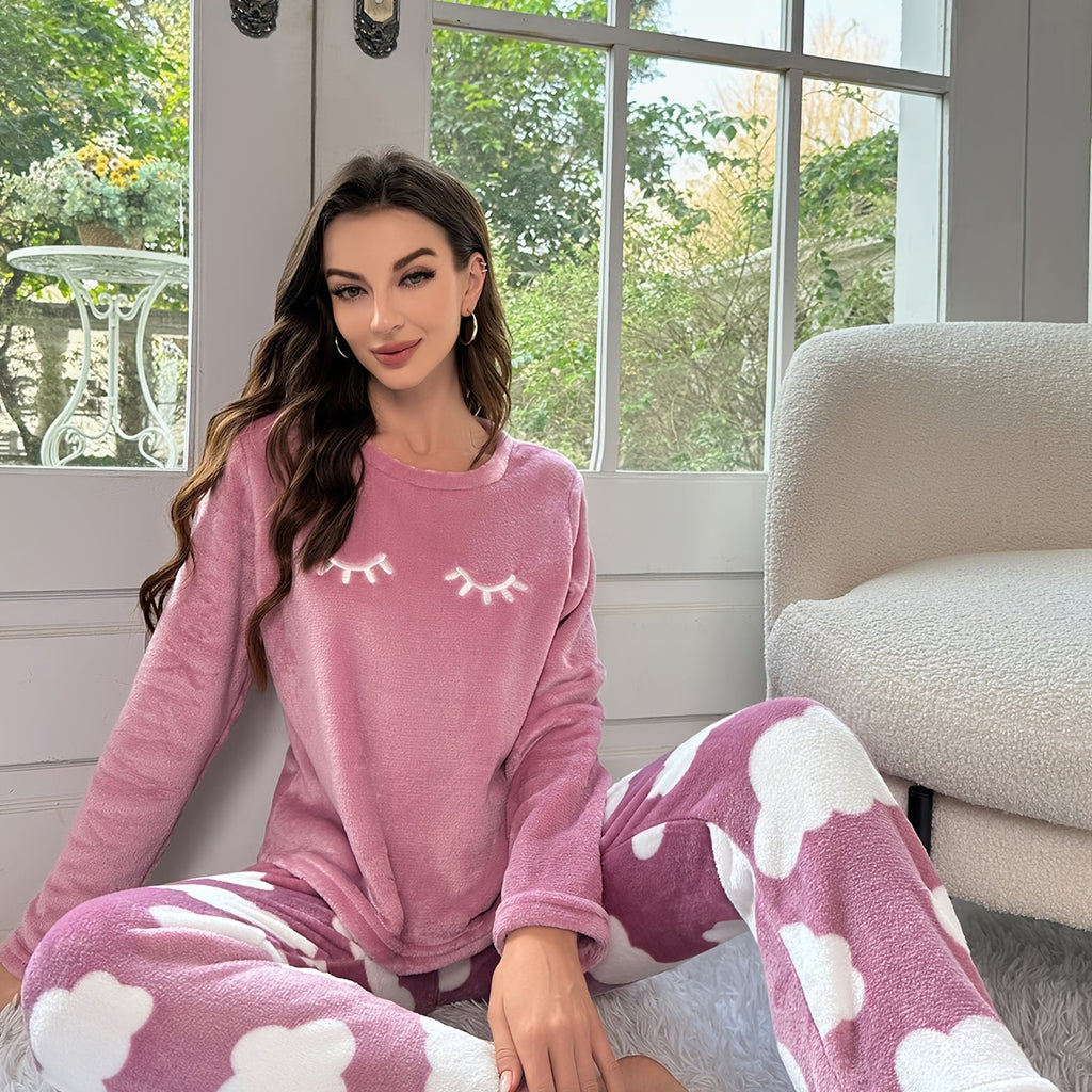 Whimsical Print Pajamas Set - Cozy Long Sleeve Crew Neck Top & Soft Pants for Ultimate Comfort - Womens Sleepwear & Loungewear with Unique Eyelash and Cloud Design
