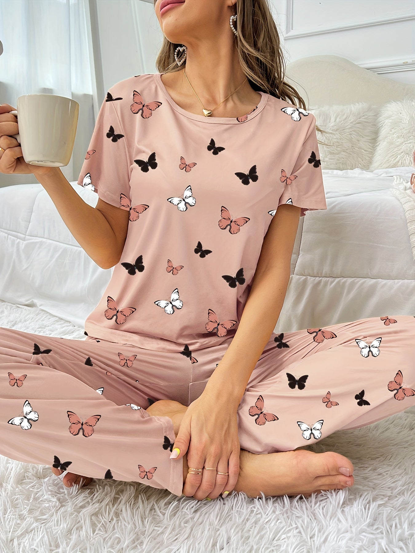 All-Season Chic Butterfly Lounge Set: Flame-Resistant, Comfort-Fit Women's Pajamas with Easy Maintenance