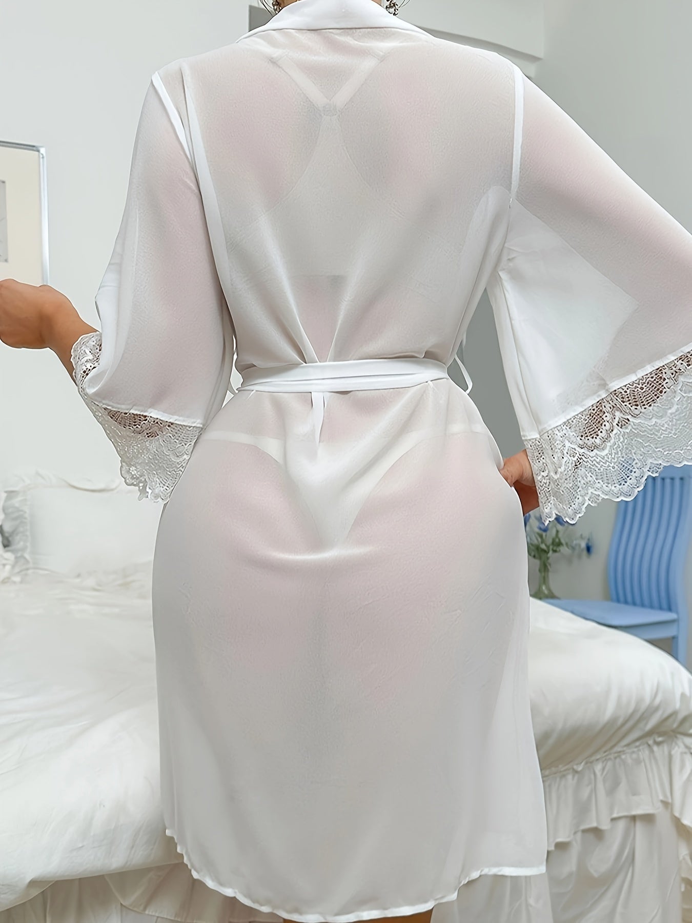 New Europe And The United States Hot Pajamas Chiffon Lace Patchwork Perspective Robe Temptation Ladies Cardigan Robe, Black, White, Red Three Colors Optional, W Robe + Belt, Suitable For Your Cardigan Gauze Robe,