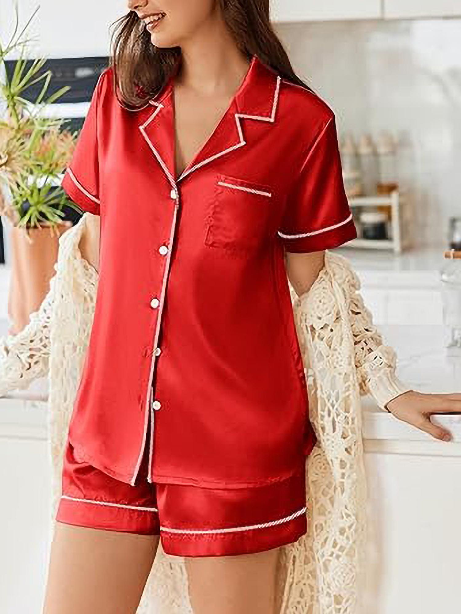 Womens Satin Pajamas Set Short Sleeve Sleepwear Button Down Top and Shorts Loungewear 2pcs Pjs Set casual summer outfits for women high quality sleep set wedding party honeymoon vacation