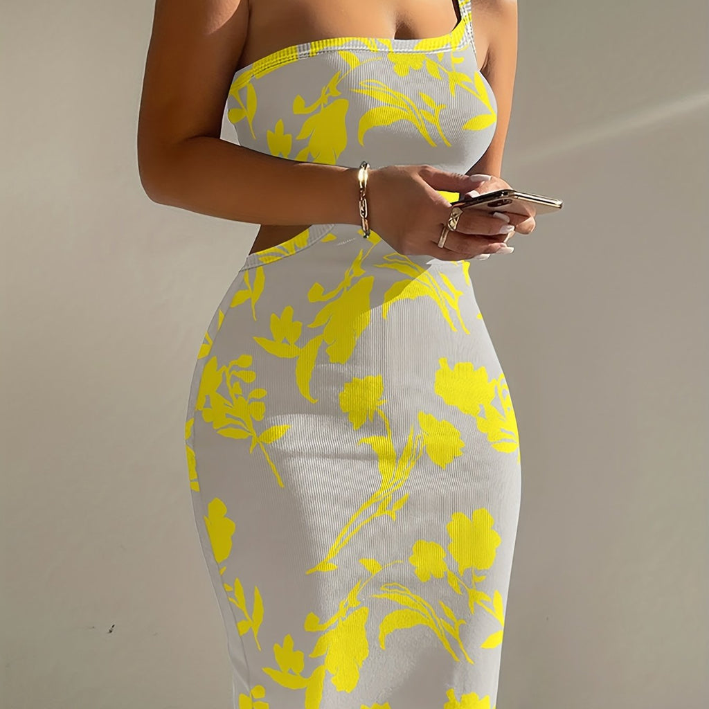 One Shoulder Ribbed Bodycon Dress, Floral Print Dress For Nightclub, Dating, Party, Women's Clothing