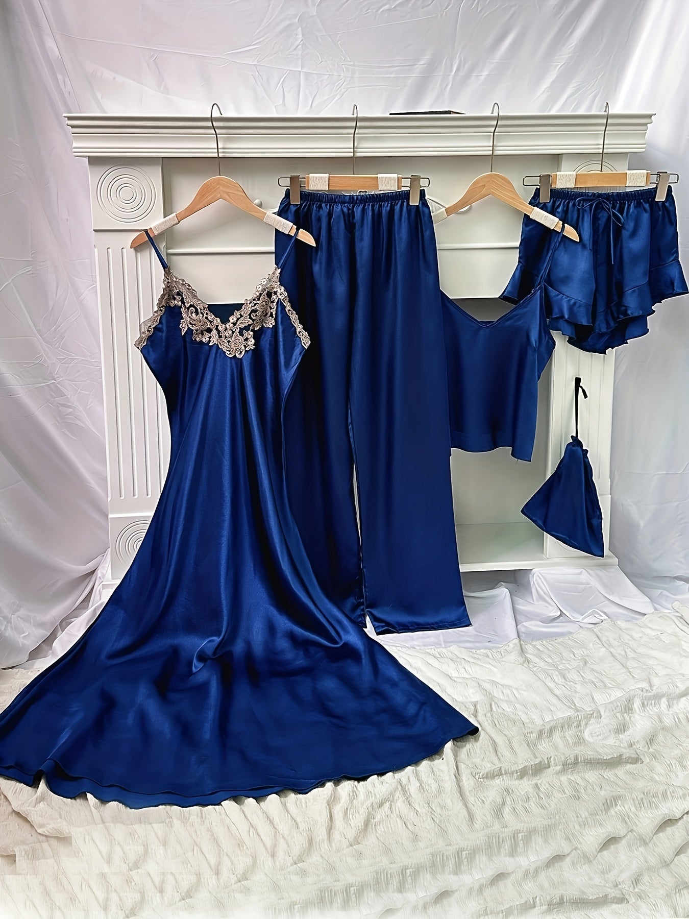 Elegant 5-Piece Women’s Satin Sleep Set: V-Neck, Lace Detail, All-Season Loungewear & Pajamas