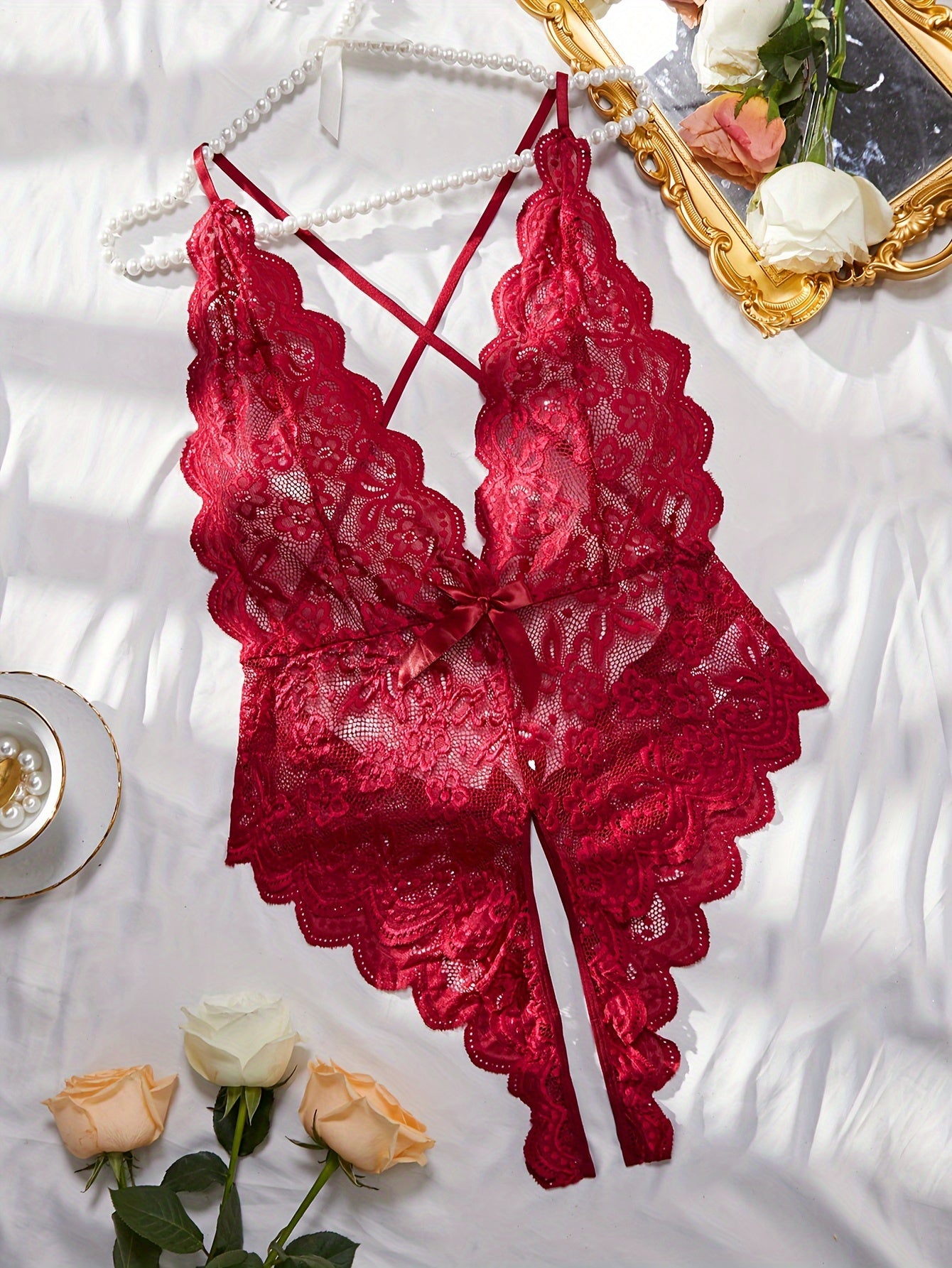 Plus Size Seductive Floral Lace Bodysuit - Plunging Halter Neck, Open Crotch, Medium Stretch, Sheer, Knit Fabric, Polyester Material - Sexy Lingerie for Women