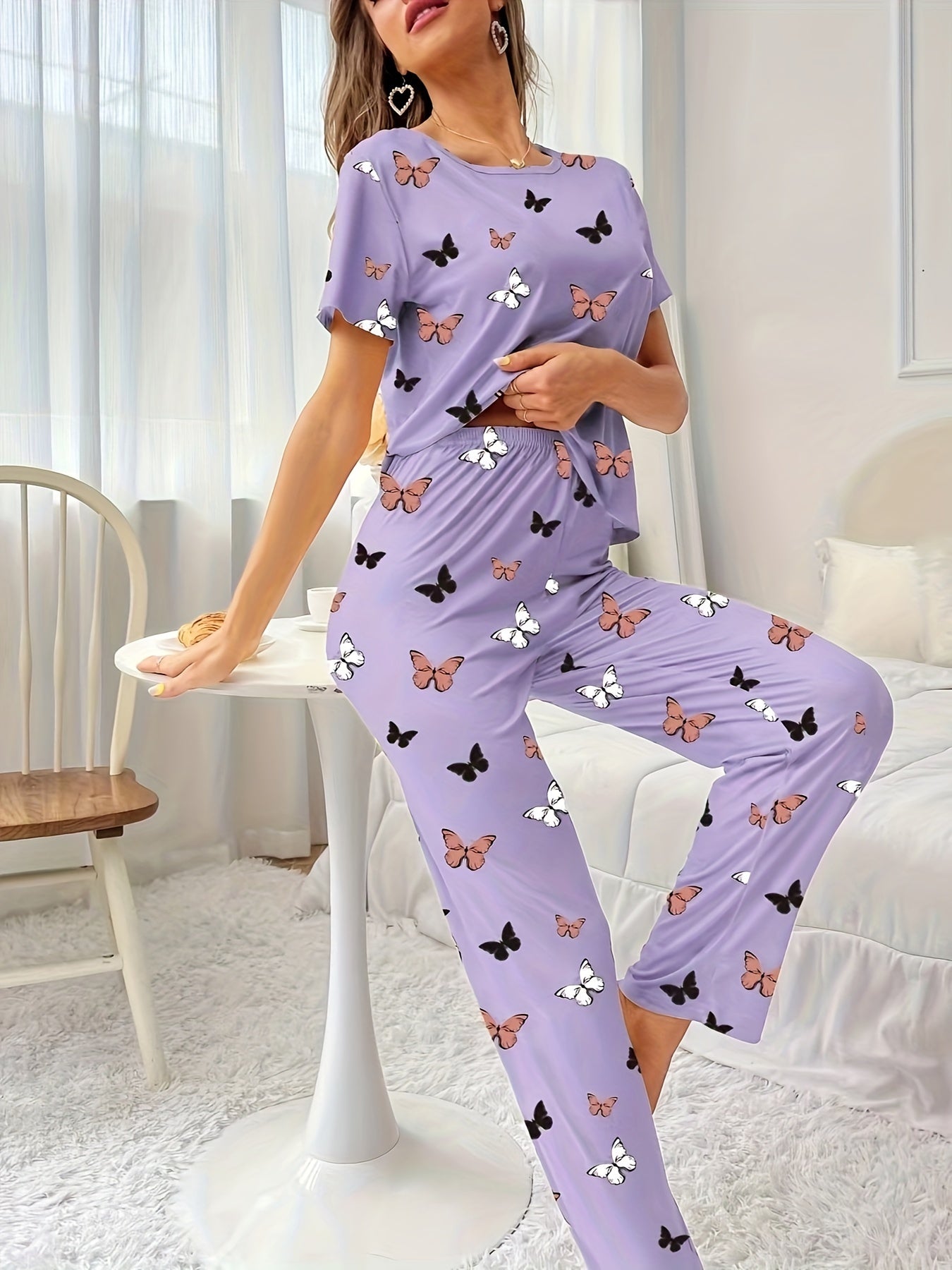 All-Season Chic Butterfly Lounge Set: Flame-Resistant, Comfort-Fit Women's Pajamas with Easy Maintenance