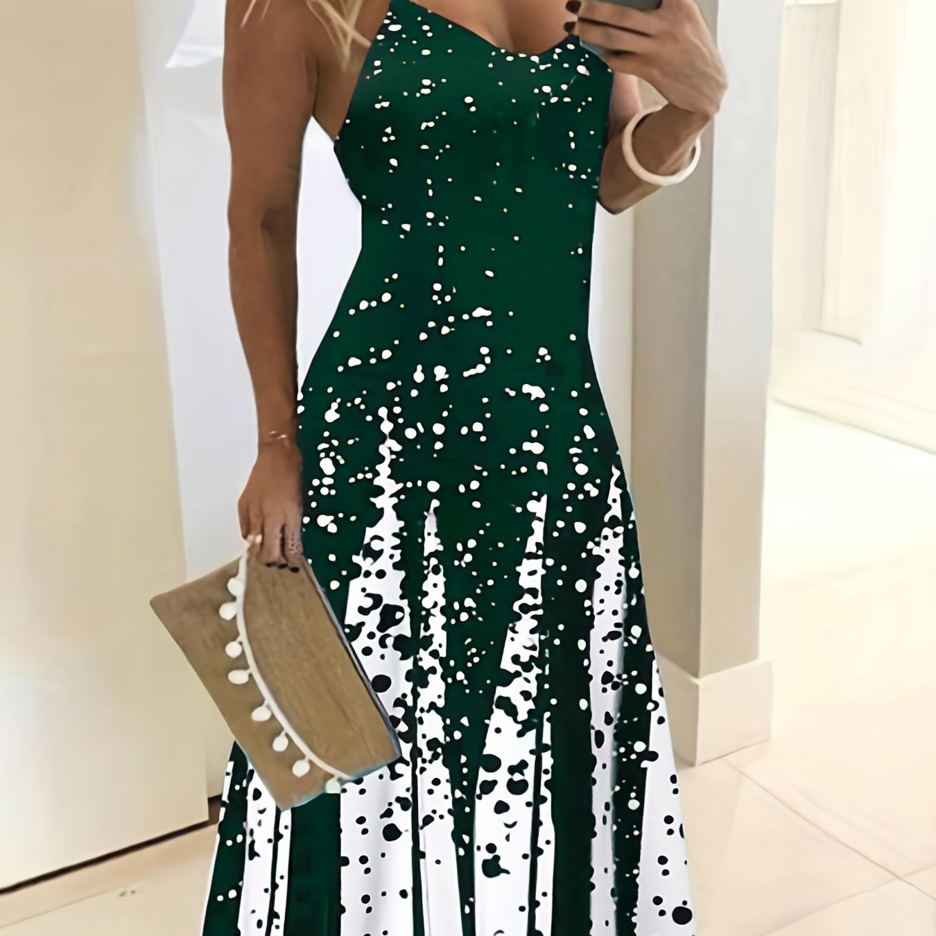 Elegant Summer Midi Dress: V-Neck, Sleeveless, Slim Waist, Color Block & Geometric Pattern for Stylish Women