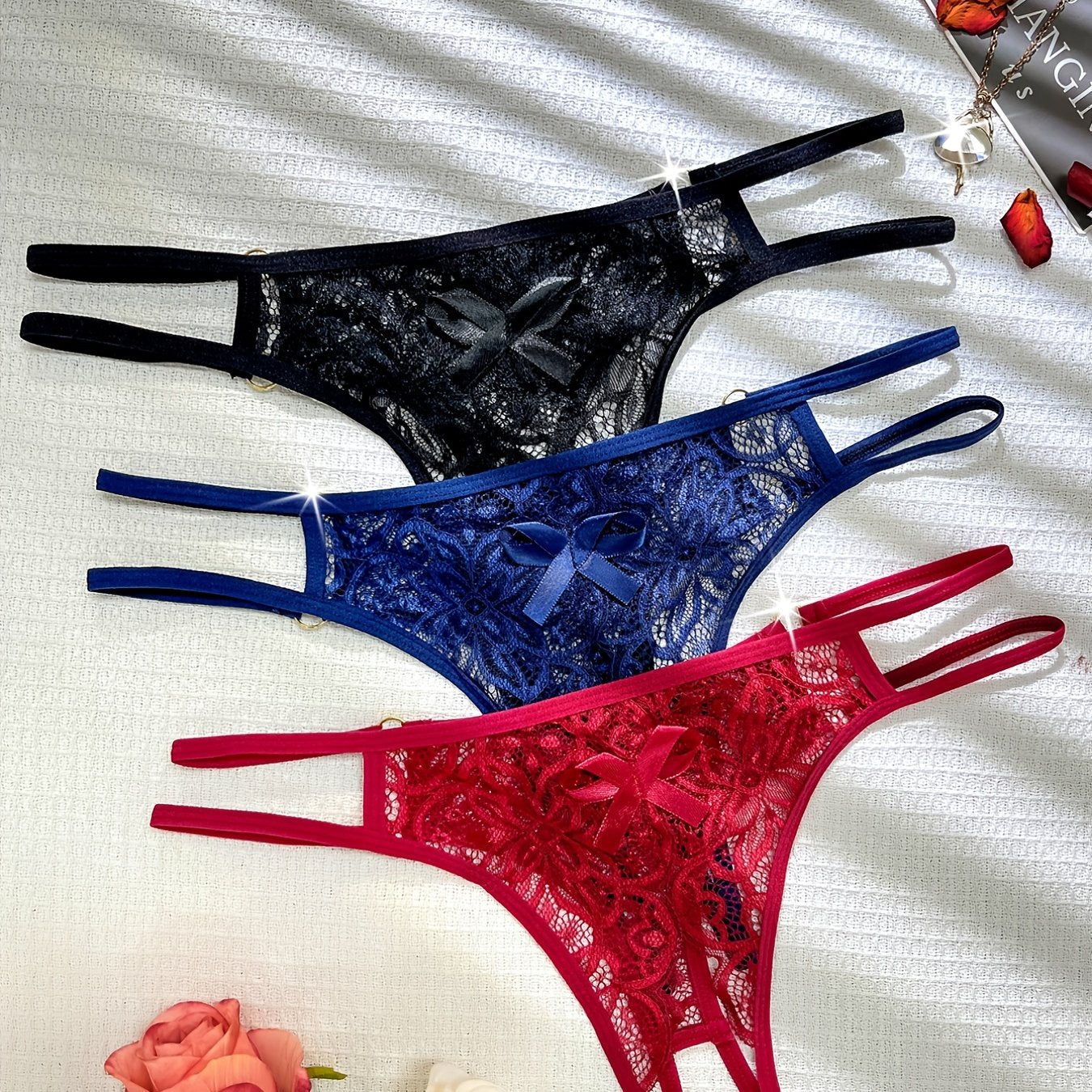 3pcs Seductive Cutout Lace Thong Lingerie Set - Comfortable Dual-Band Support, Discreet Open Crotch, Womens Sexy Underwear Collection