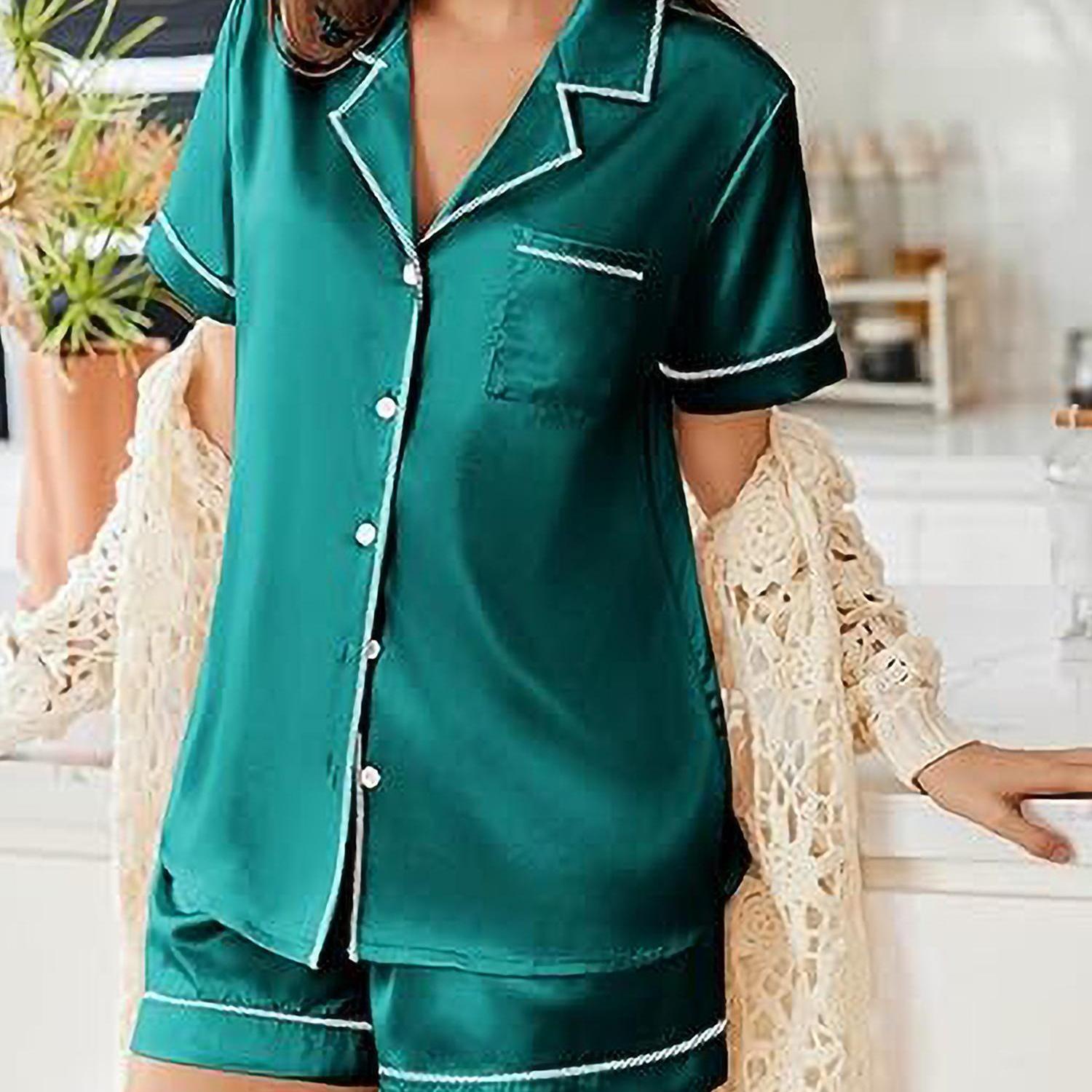 Womens Satin Pajamas Set Short Sleeve Sleepwear Button Down Top and Shorts Loungewear 2pcs Pjs Set casual summer outfits for women high quality sleep set wedding party honeymoon vacation