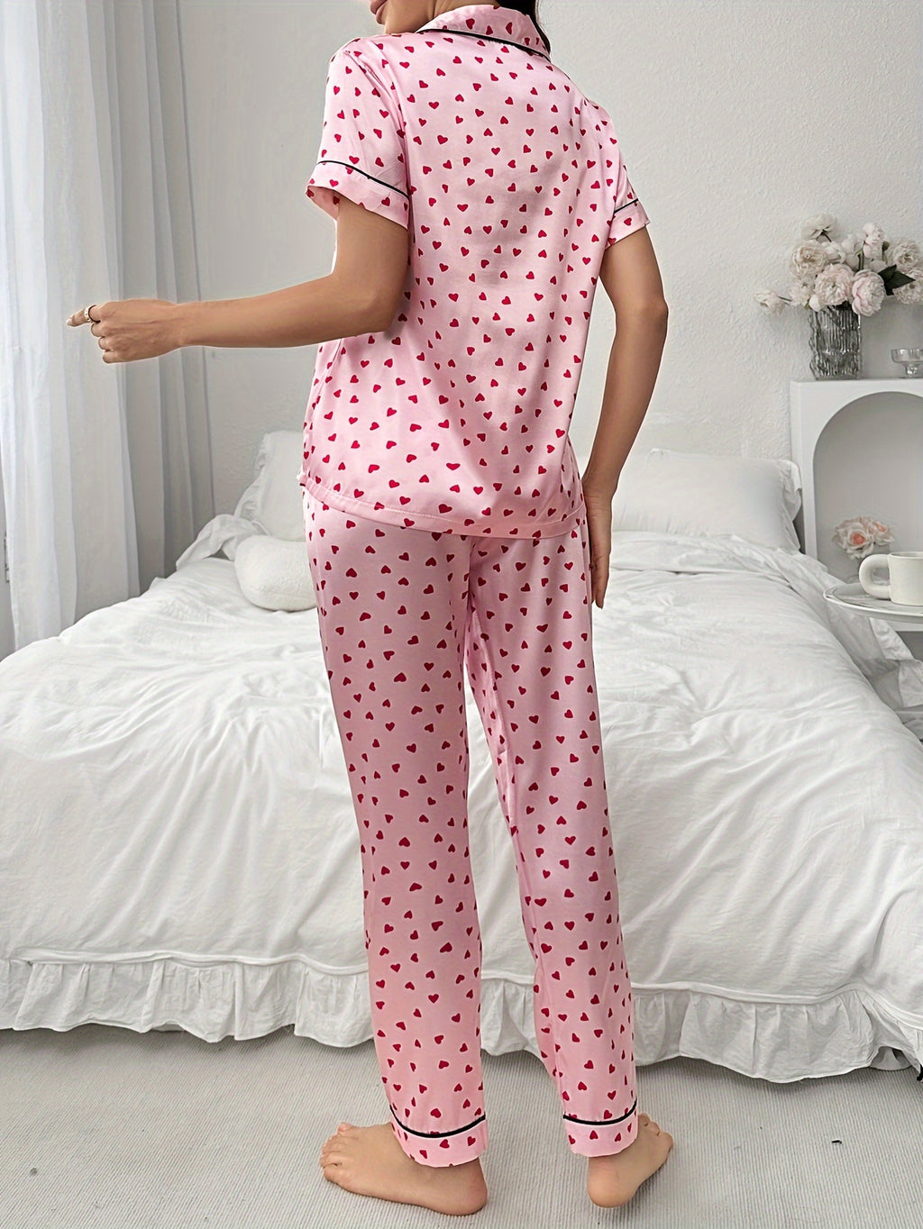 [Sweet Love Pajamas] New Sweet Spring Love Print Short-Sleeved Pajamas And Summer Home Clothing Set Cardigan Pants