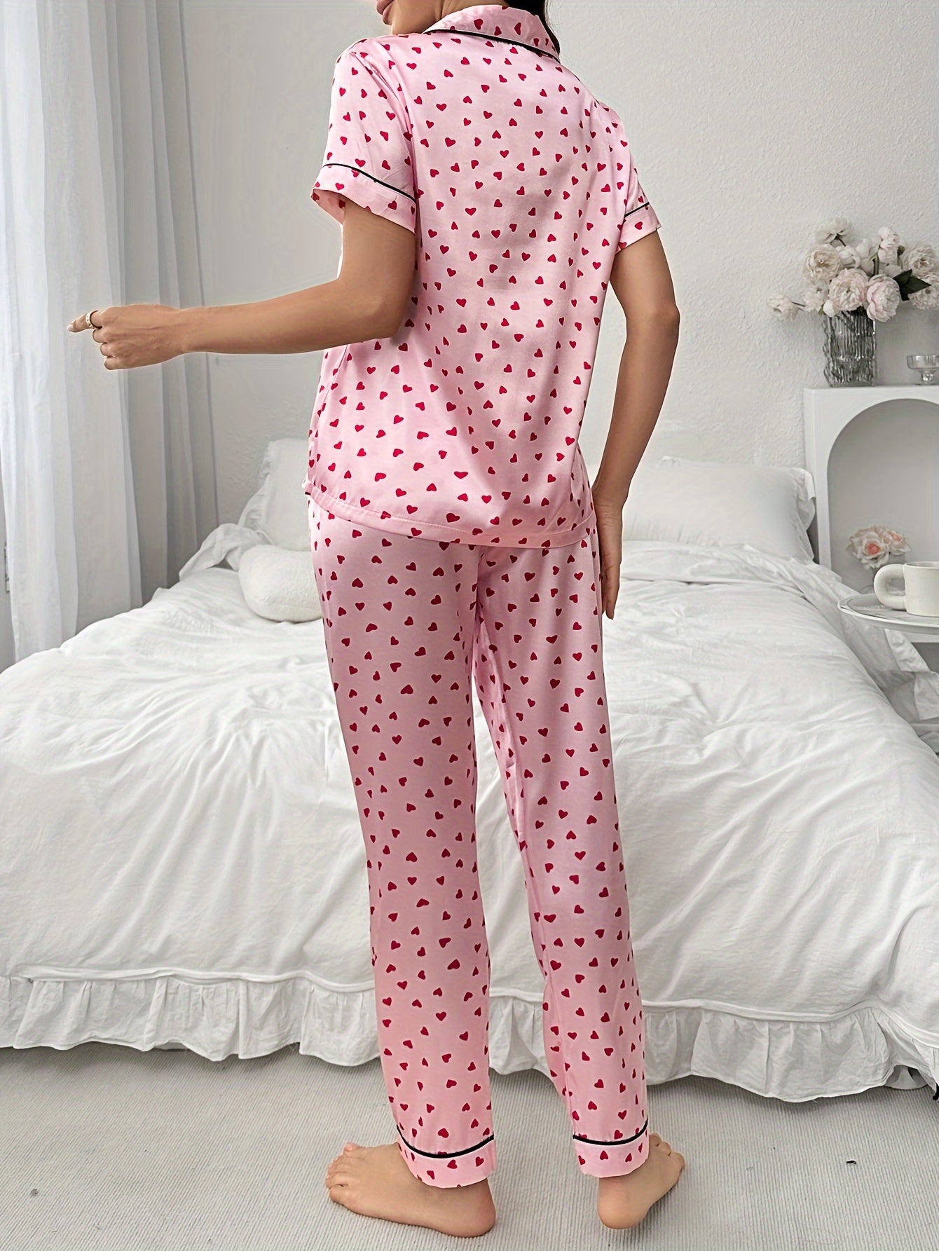 [Sweet Love Pajamas] New Sweet Spring Love Print Short-Sleeved Pajamas And Summer Home Clothing Set Cardigan Pants