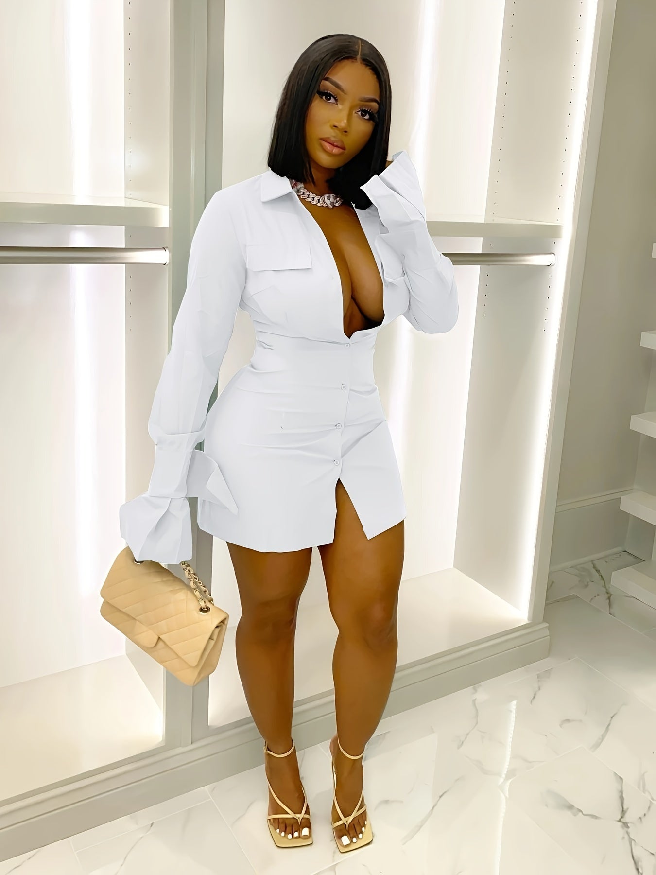 Womens Chic Long Sleeve Button-Up Mini Dress - Flattering Fit & Versatile Design - Trendy Casual Shirt Dress for All-Season Style