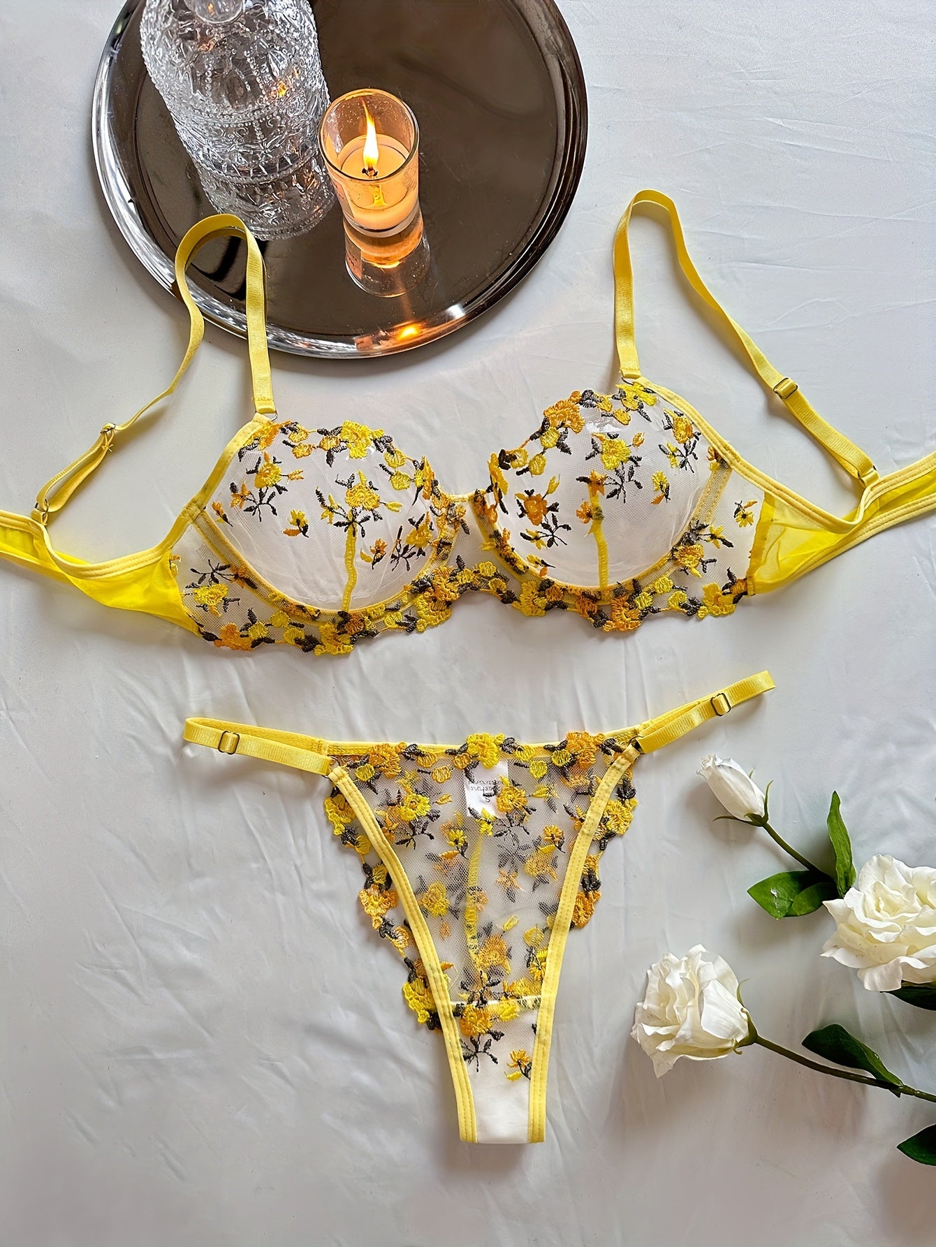 Romantic Floral Embroidery Lingerie Set - Delicate Mesh Unlined Bra & Sheer Thong - Womens Seductive, Comfortable Underwear for Intimate Glamour - Perfect Gift Choice