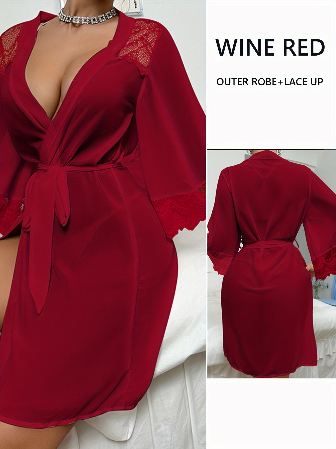 New Europe And The United States Hot Pajamas Chiffon Lace Patchwork Perspective Robe Temptation Ladies Cardigan Robe, Black, White, Red Three Colors Optional, W Robe + Belt, Suitable For Your Cardigan Gauze Robe,