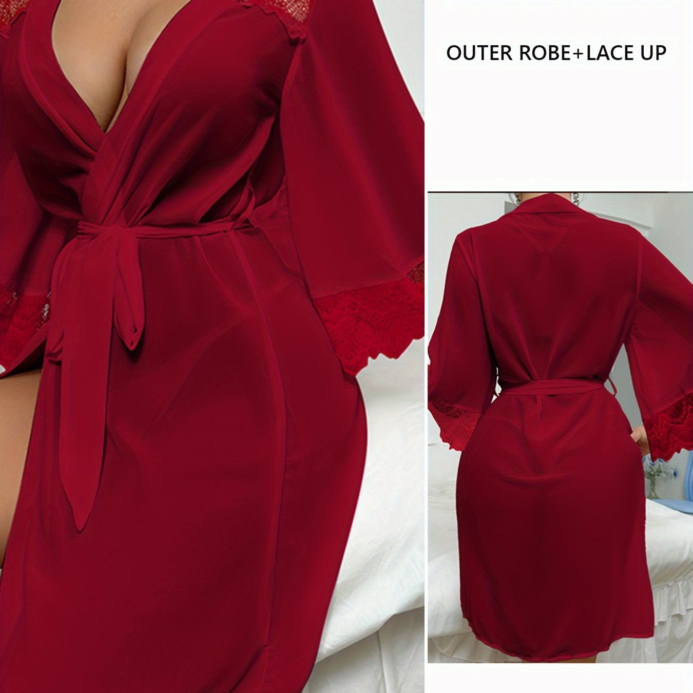 New Europe And The United States Hot Pajamas Chiffon Lace Patchwork Perspective Robe Temptation Ladies Cardigan Robe, Black, White, Red Three Colors Optional, W Robe + Belt, Suitable For Your Cardigan Gauze Robe,