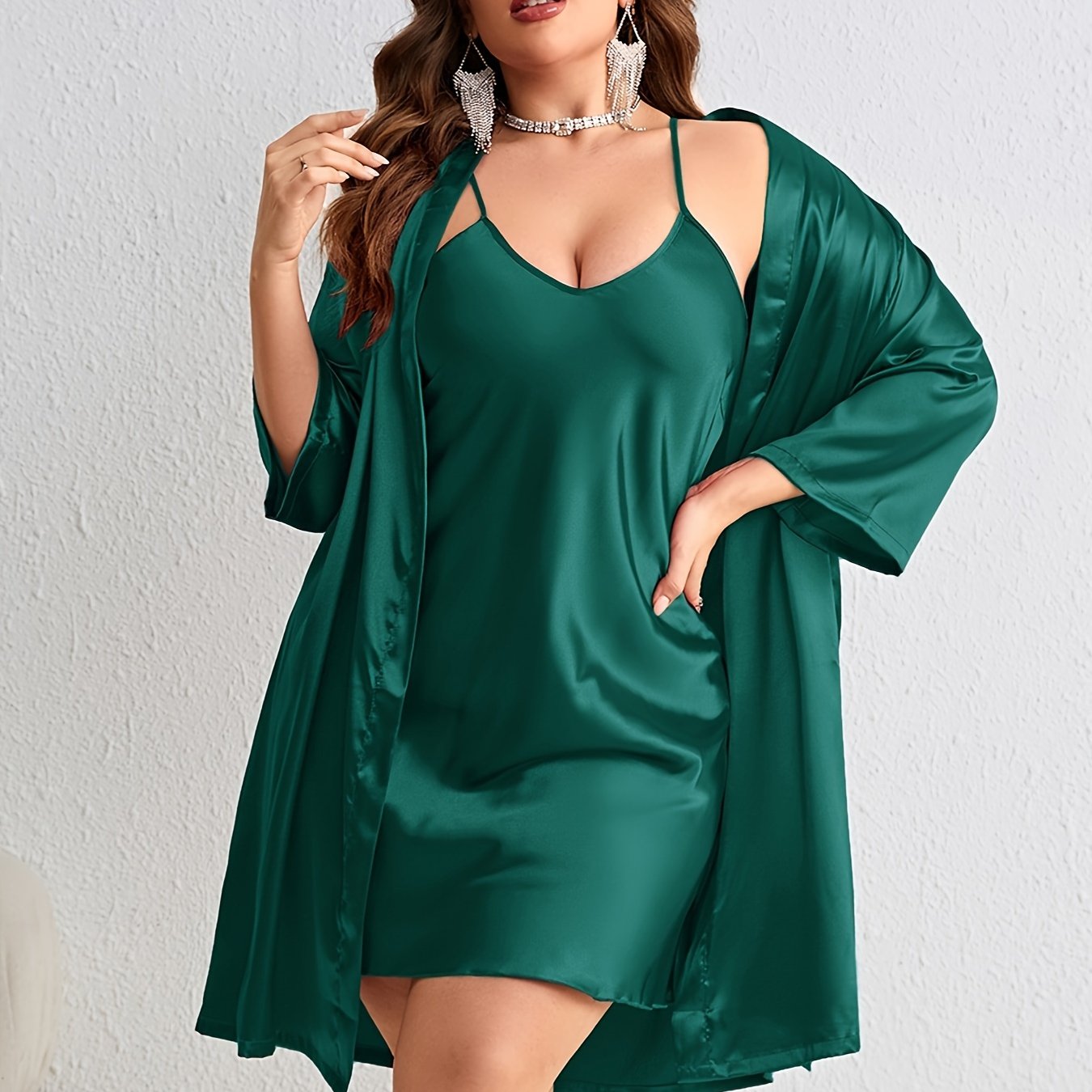 Plus Size Sexy Bathrobe Set, Women's Plus Satin Long Sleeve Open Front Belted Kimono Robe & V Neck Crisscross Back Cami Dress Pajamas Two Piece Set