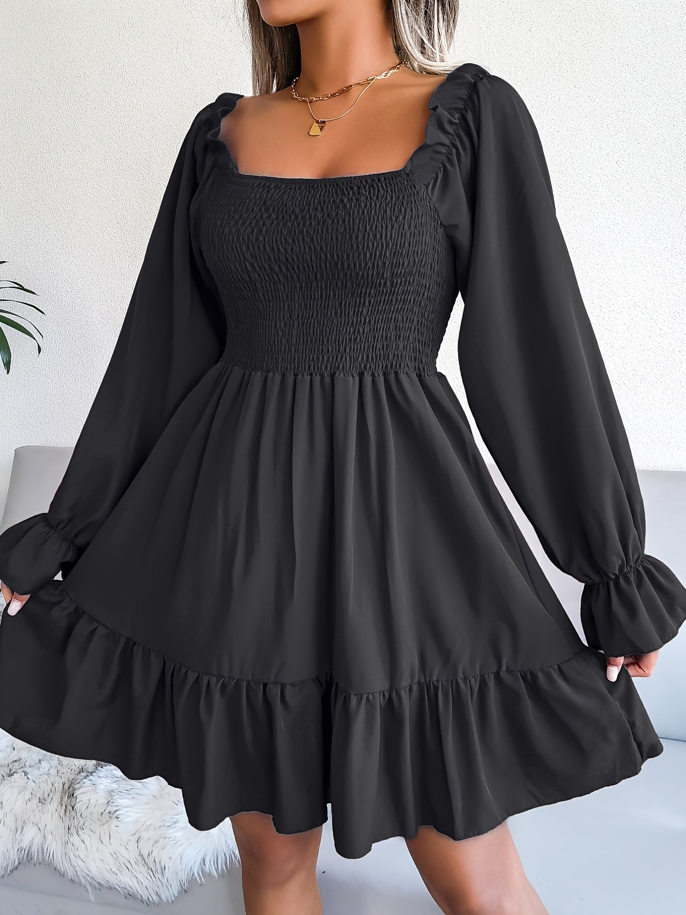 Flirty Squared Neck Ruffle Hem Dress - Feminine Shirred Detail, Timeless Solid Color, Perfect for Spring & Fall Wardrobe