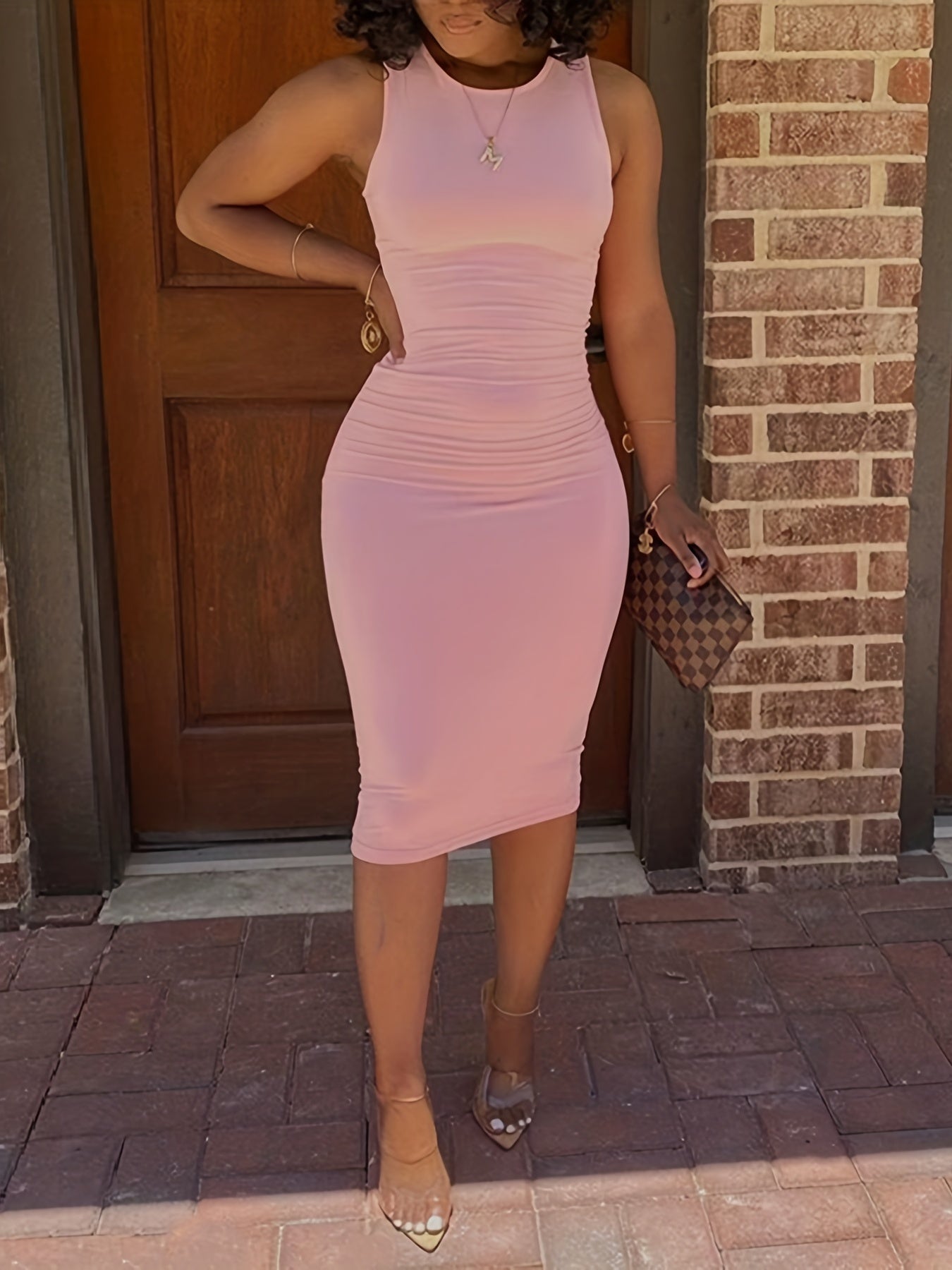 Bodycon Crew Neck Dress, Casual Sleeveless Tank Dress For Spring & Summer, Women's Clothing