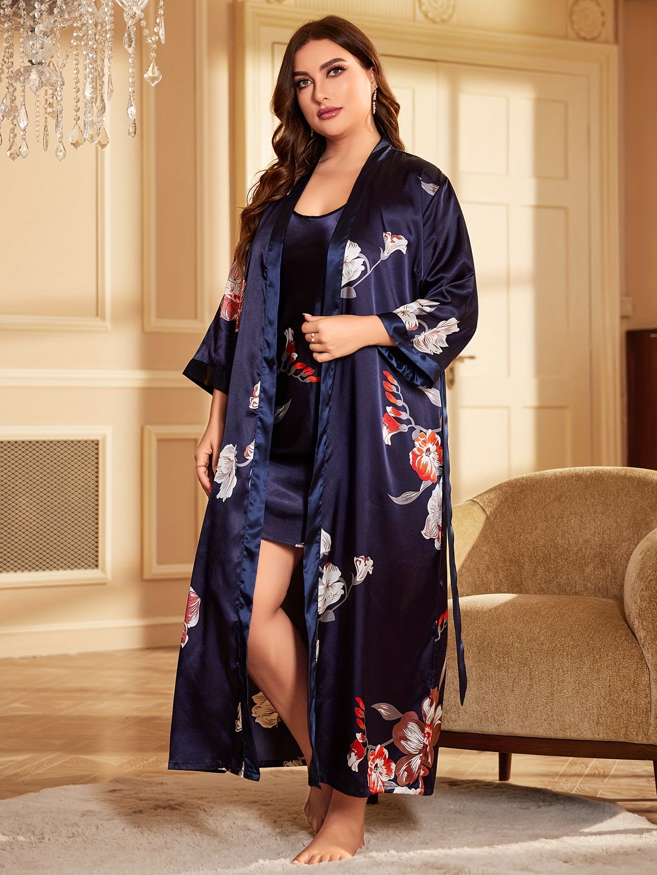 Plus Size Elegant Pajamas Set, Women's Plus Floral Print Long Sleeve Open Front Satin Belted Robe & Cami Dress Lounge 2 Piece Set