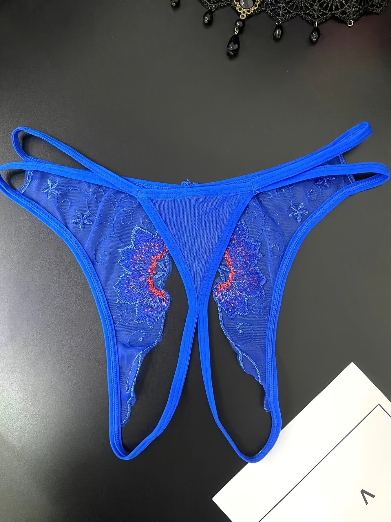 Delicate Floral Embroidered Mesh Thong Lingerie - Seductive Open Crotch & Ultra-Sheer Design - Breathable Womens Intimate Wear for Special Occasions