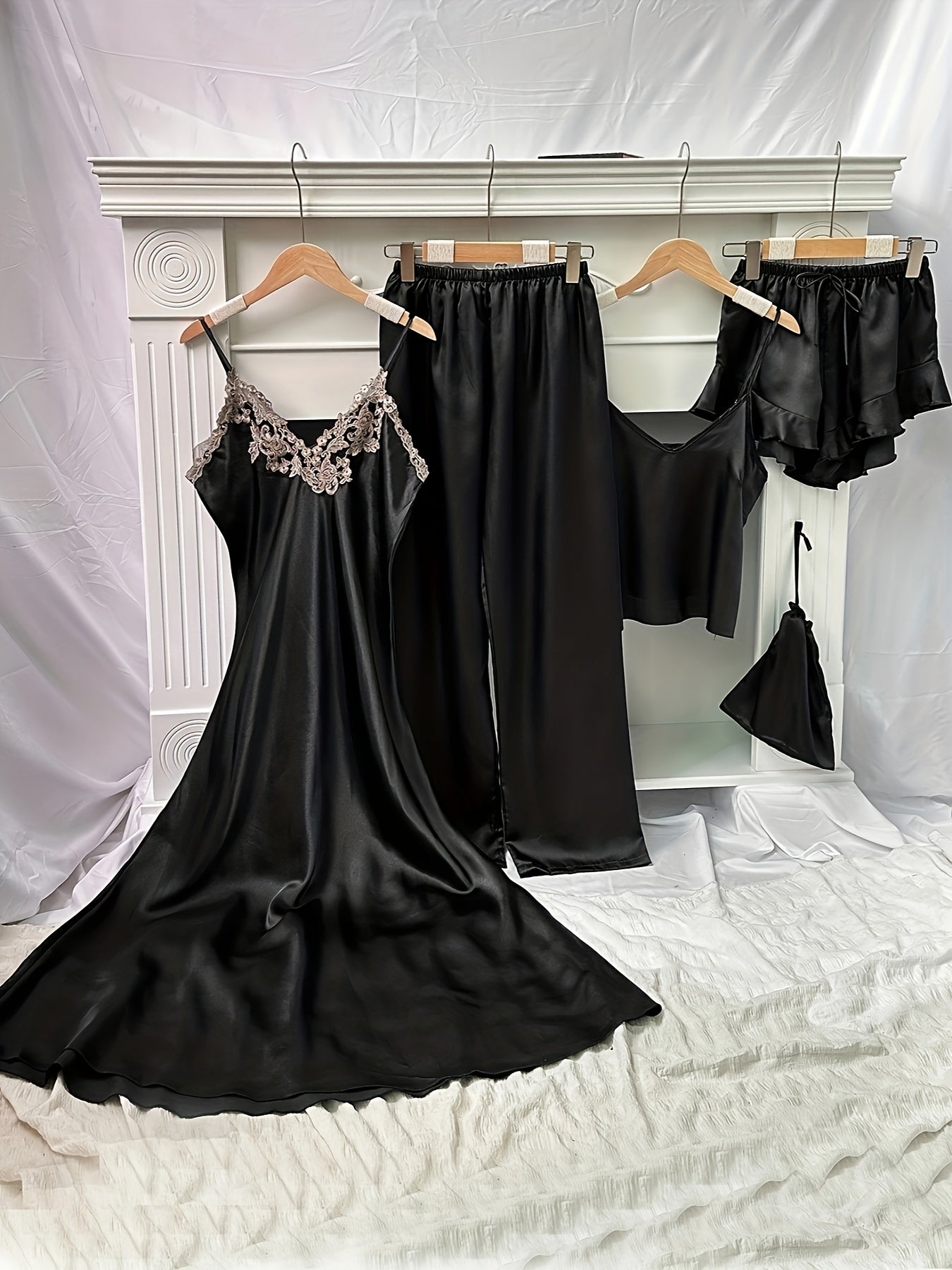 Elegant 5-Piece Women’s Satin Sleep Set: V-Neck, Lace Detail, All-Season Loungewear & Pajamas