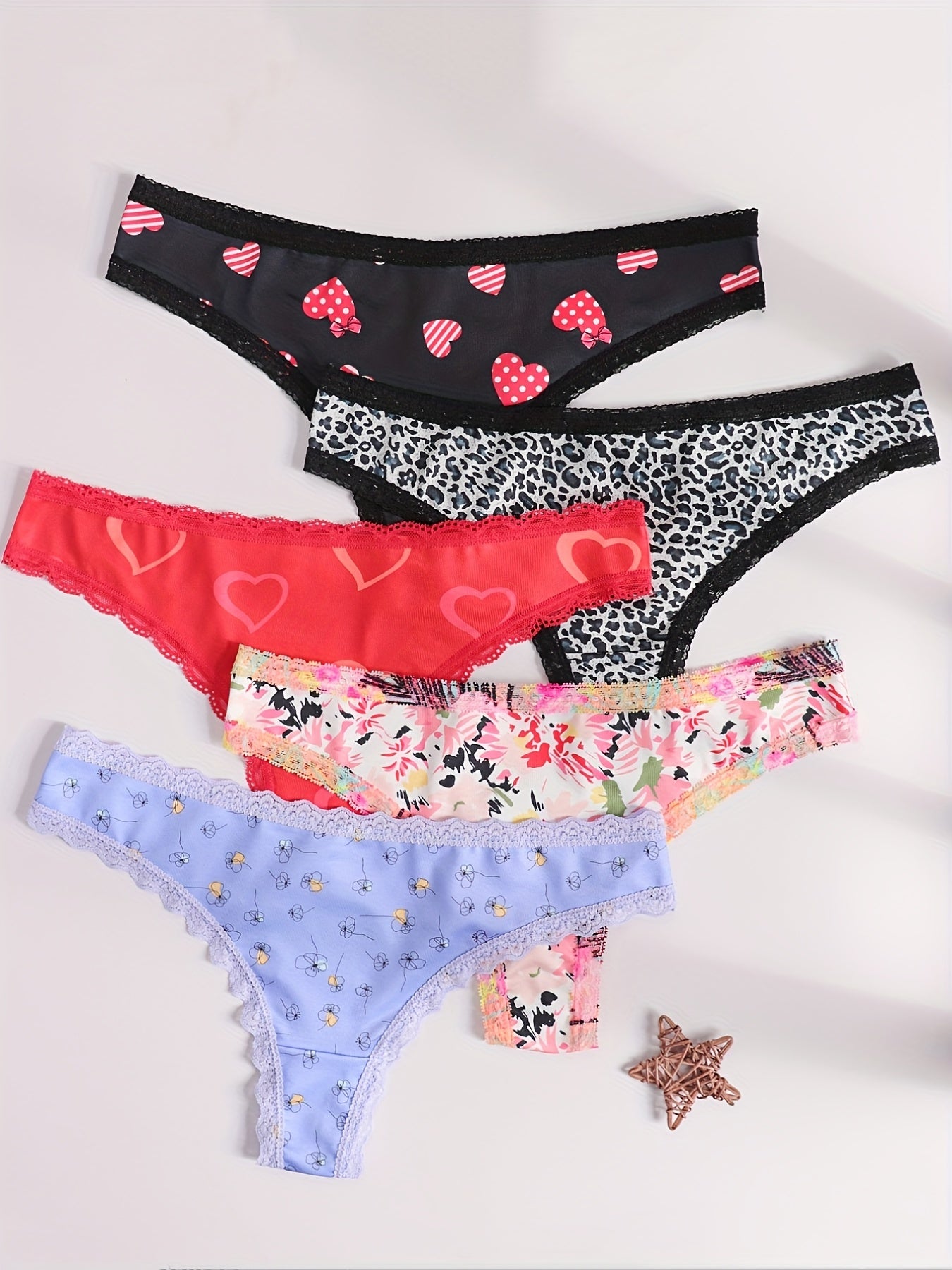 Morvia 5-Piece Lace-trimmed Heart Thongs - Chic, Comfortable Women's Knit Lingerie Set, Non-Sheer