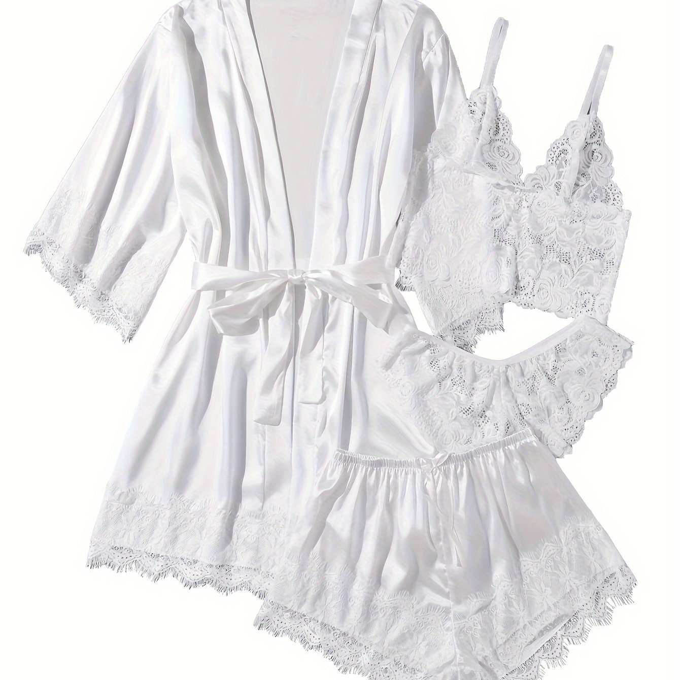 Women' Silk Satin Pajamas Set 4pcs Lingerie Floral Lace Cami Sleepwear with Robe