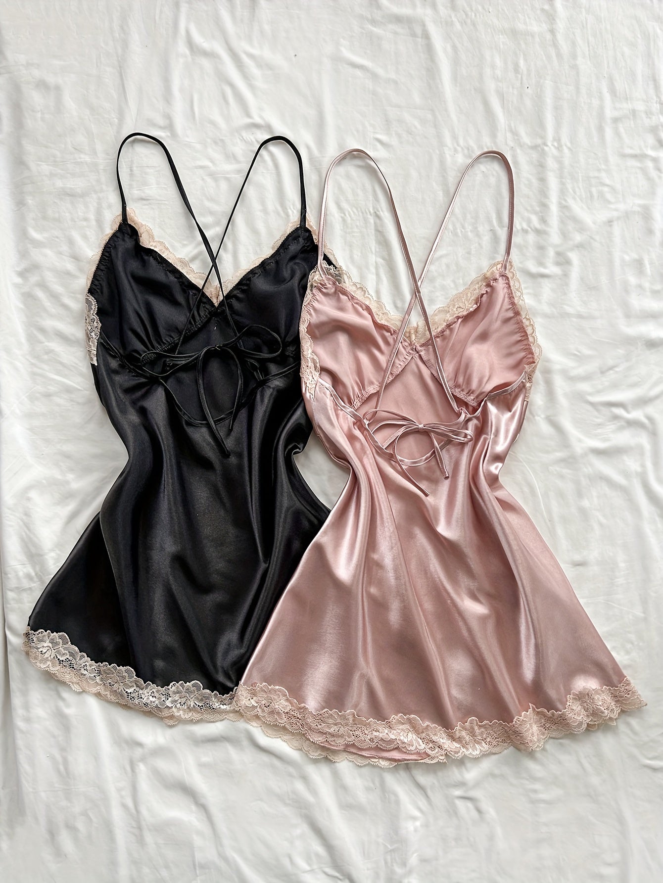 2pcs Lace-Trimmed V-Neck Satin Nightgowns - Black & Blush, Strapless Sleepwear with Ruched Detail, Adult All-Season Pajamas, Nightwear Essentials|Ruched Fabric|Strapless Design