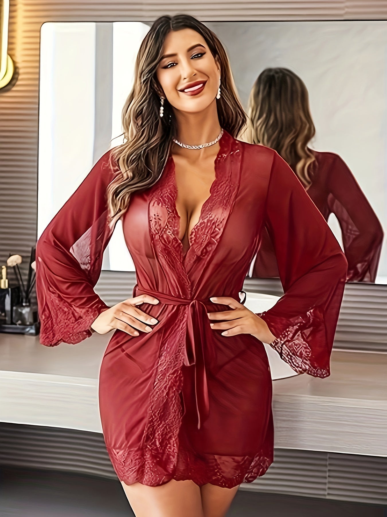 Splicing Lace Design Pajamas, Deep V-long Sleeved Nightgown with Belt, Women's Sexy Clothing