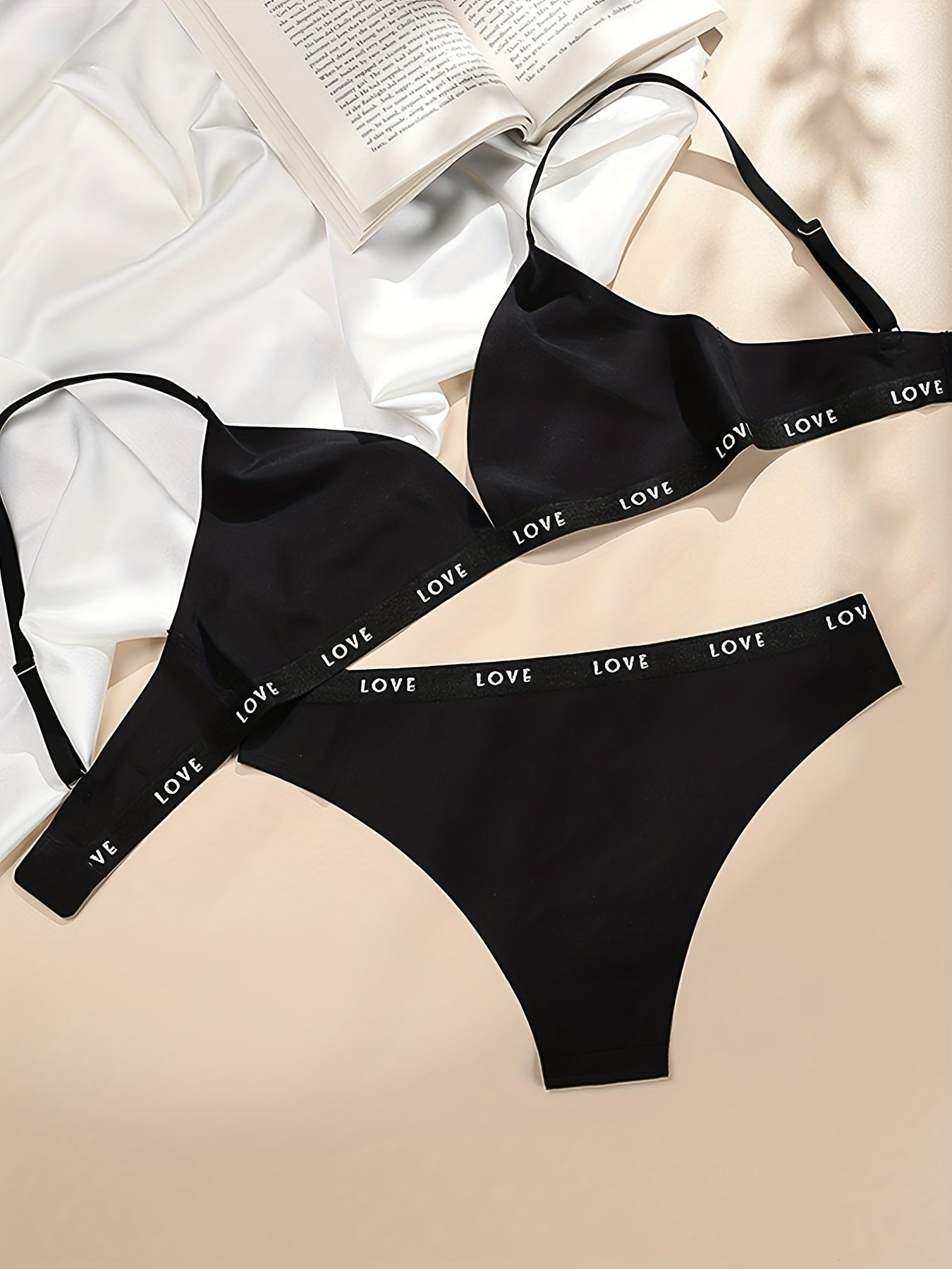 Letter Print Bra & Panties, Triangle Cups Plunge Bra & Seamless Panties Lingerie Set, Women's Lingerie & Underwear
