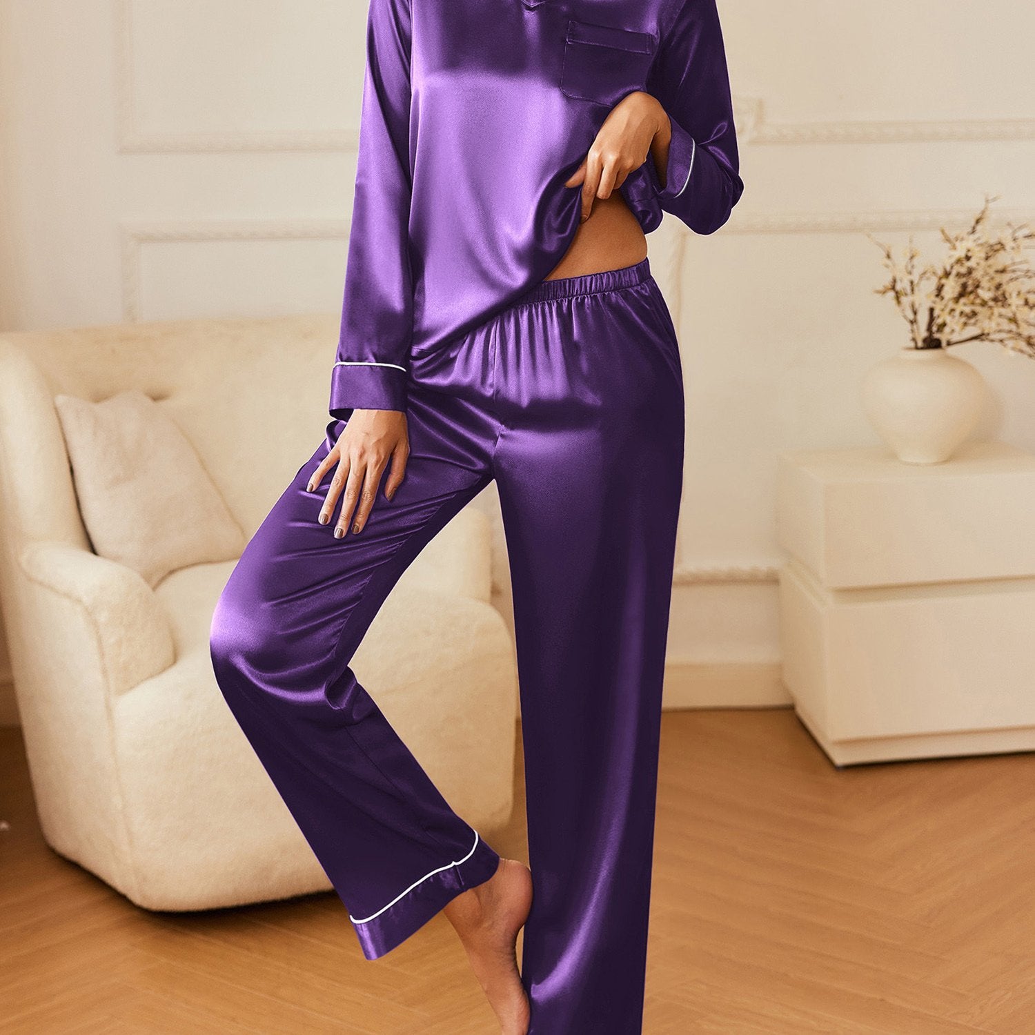 Luxurious V Neck Shirt with Long Pant Loungewear Satin Long Sleeve Pajamas Set Soft PJ Sleepwear Soft Nightwear Elegant Lounge Set Loose Relaxed skin-friendly Homewear V-neck top with Pj Pants Cute Pjs bridal parties pajamas
