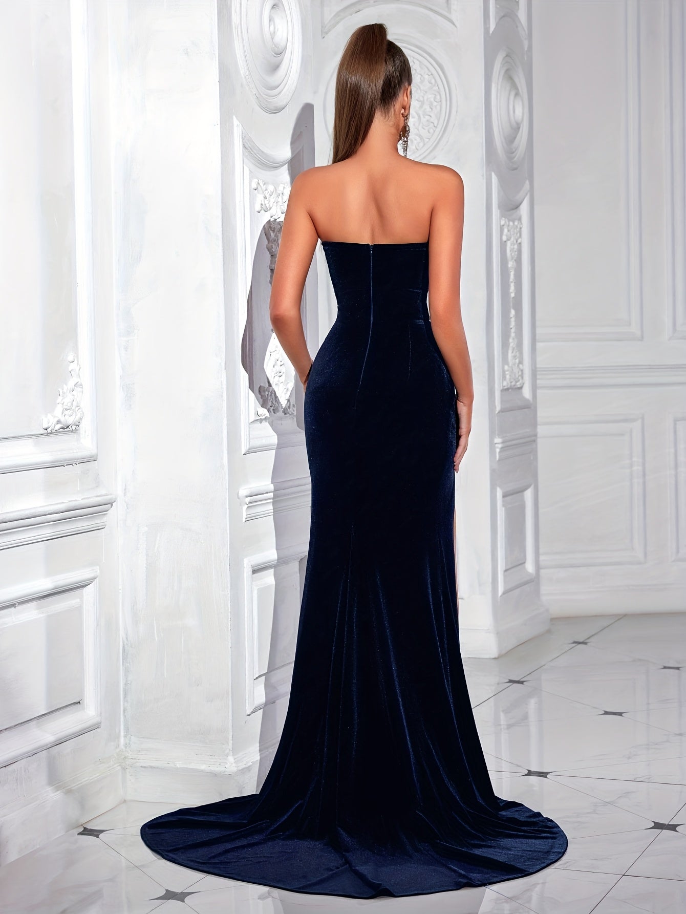 [One U-shaped Tube Top Dress] U-shaped Tube Top High Waist Front Split Backless Dance Party Dress Women's Formal Evening Gown Skirt with Random Pattern Placement