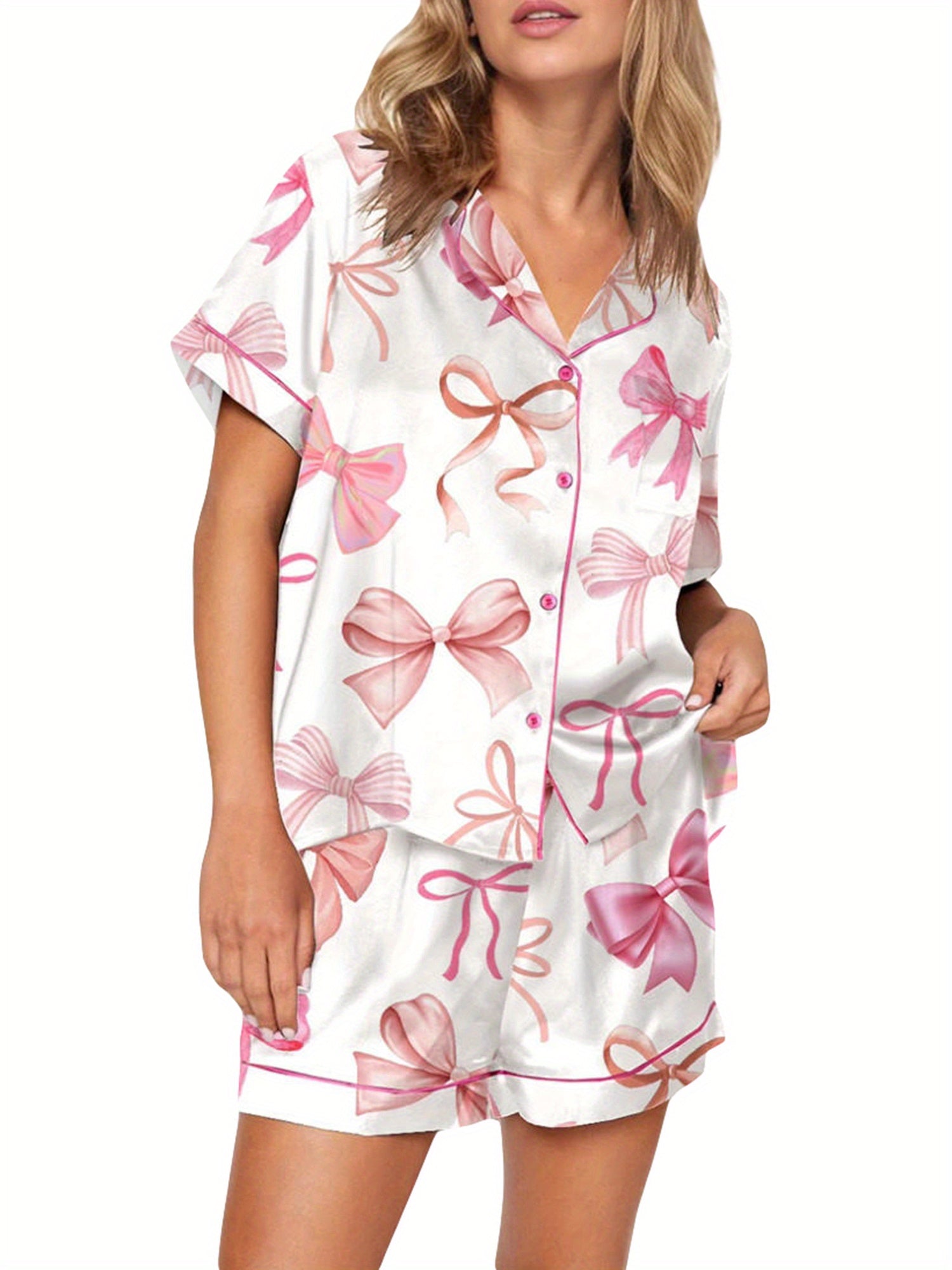 Women 2 Piece Pajamas Set Y2k Bow Print Short Sleeve Shirt Shorts Pjs Outfits Summer Lounge Sets Sleepwear