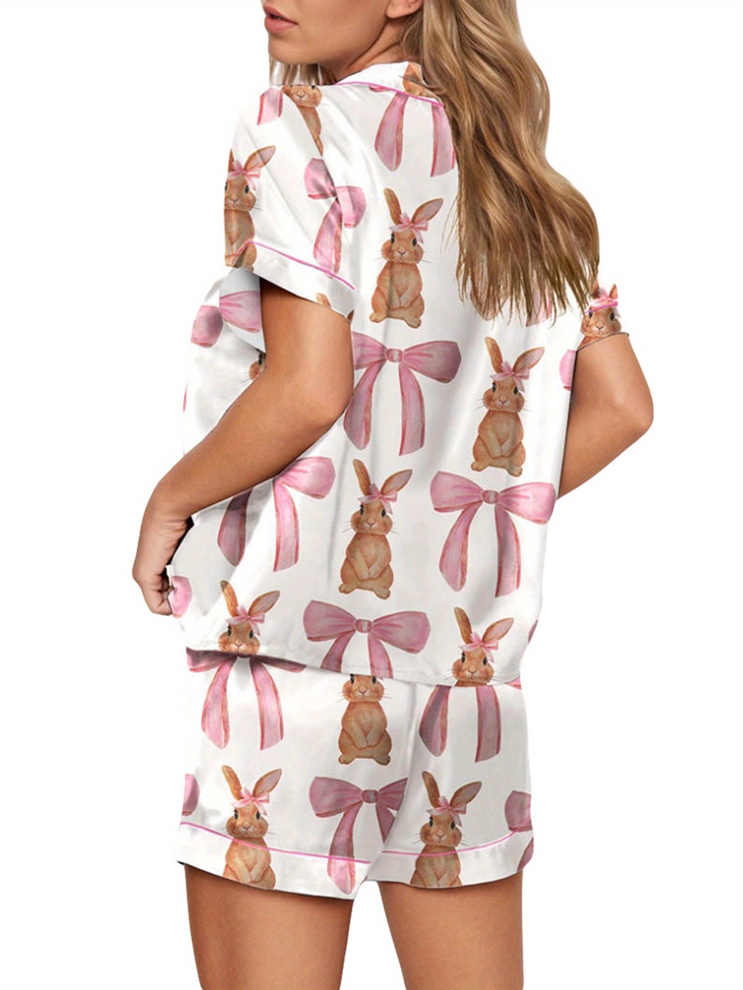 Women 2 Piece Pajamas Set Y2k Bow Print Short Sleeve Shirt Shorts Pjs Outfits Summer Lounge Sets Sleepwear