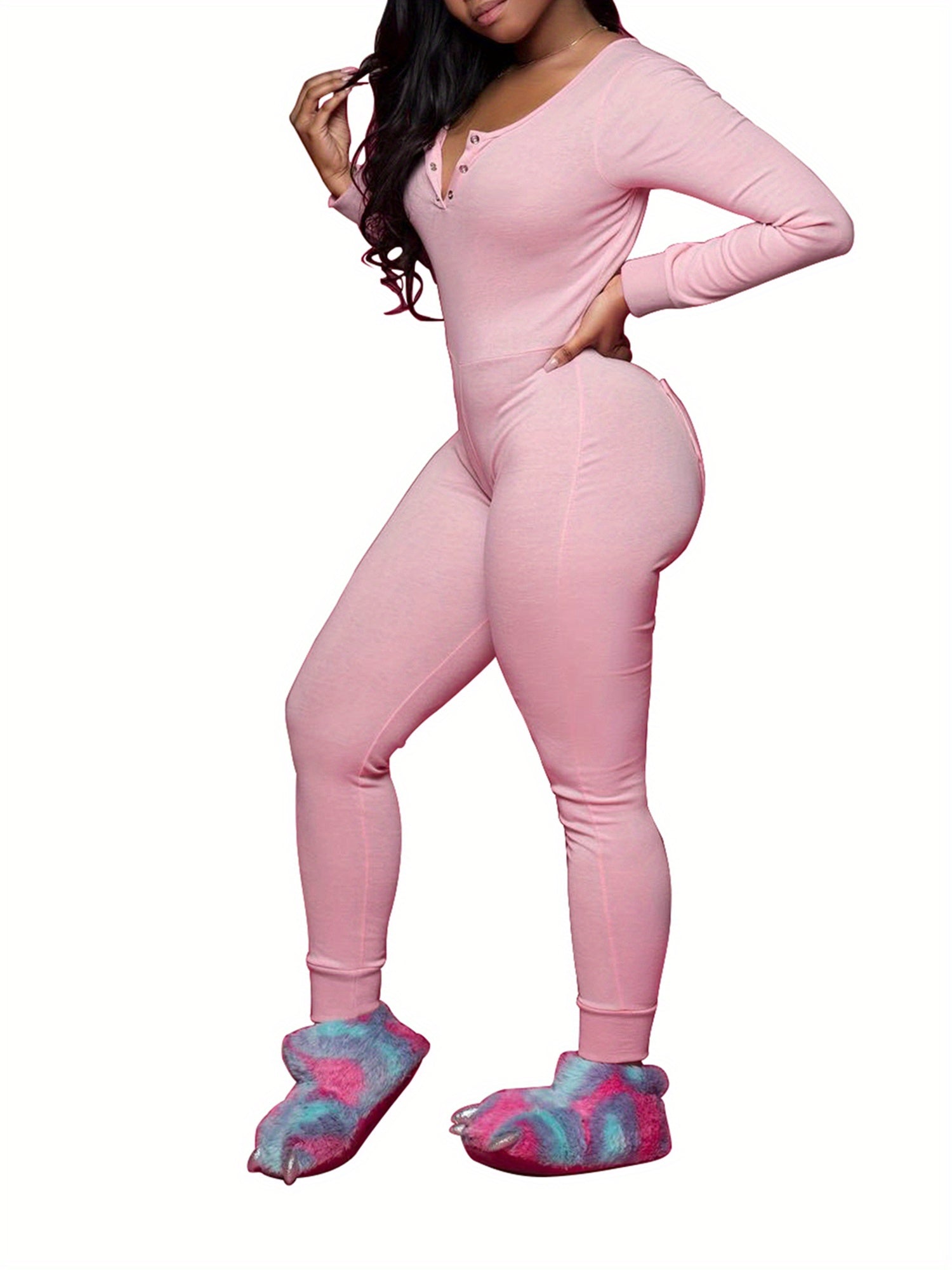 Luxurious Deep V Neck One Piece Bodycon Jumpsuits - Soft Long Sleeve Pajamas Pants with Flap, Comfortable Home Wear Outfit for Women - Cozy Rompers for Relaxation and Leisure
