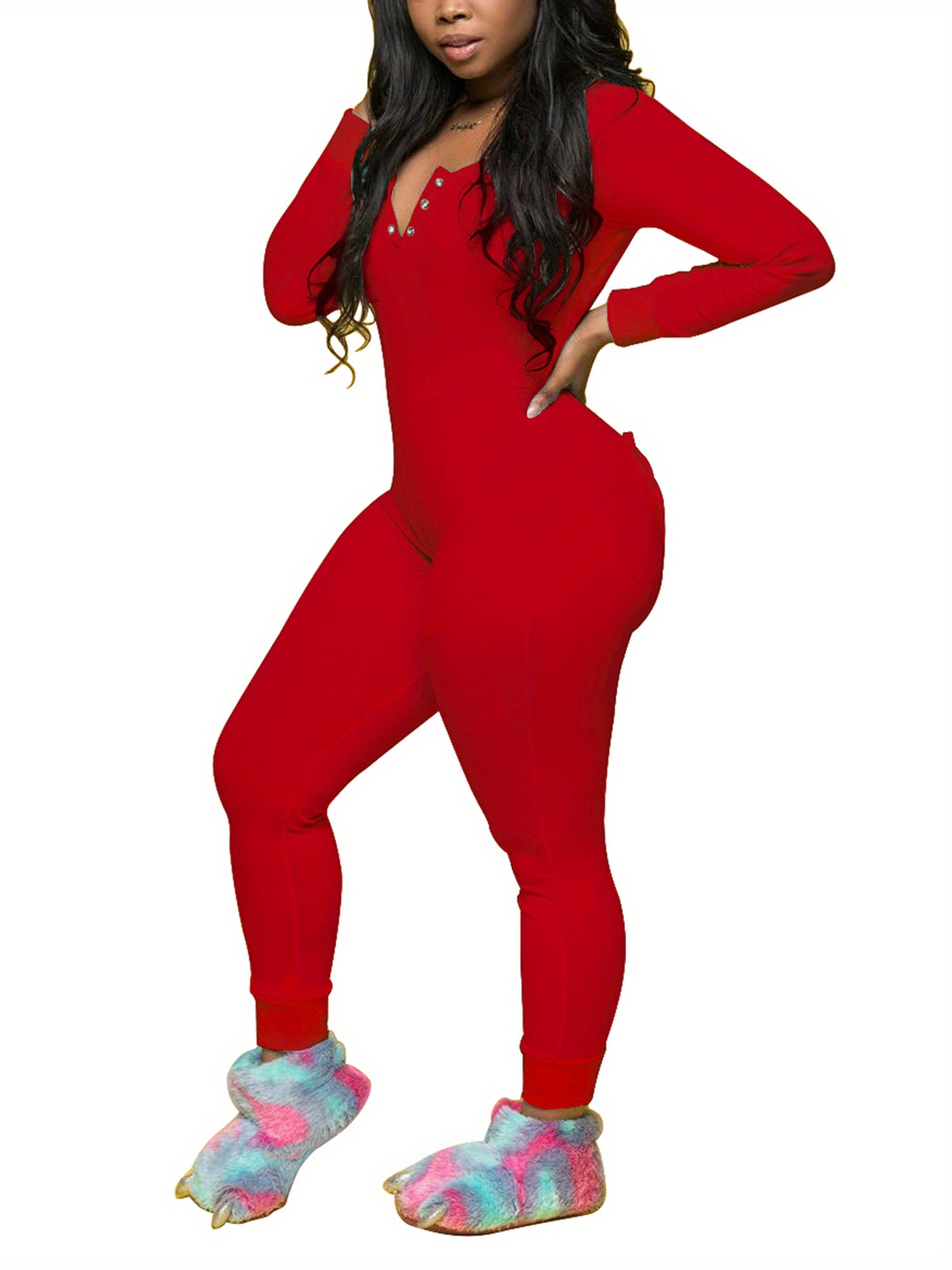 Luxurious Deep V Neck One Piece Bodycon Jumpsuits - Soft Long Sleeve Pajamas Pants with Flap, Comfortable Home Wear Outfit for Women - Cozy Rompers for Relaxation and Leisure