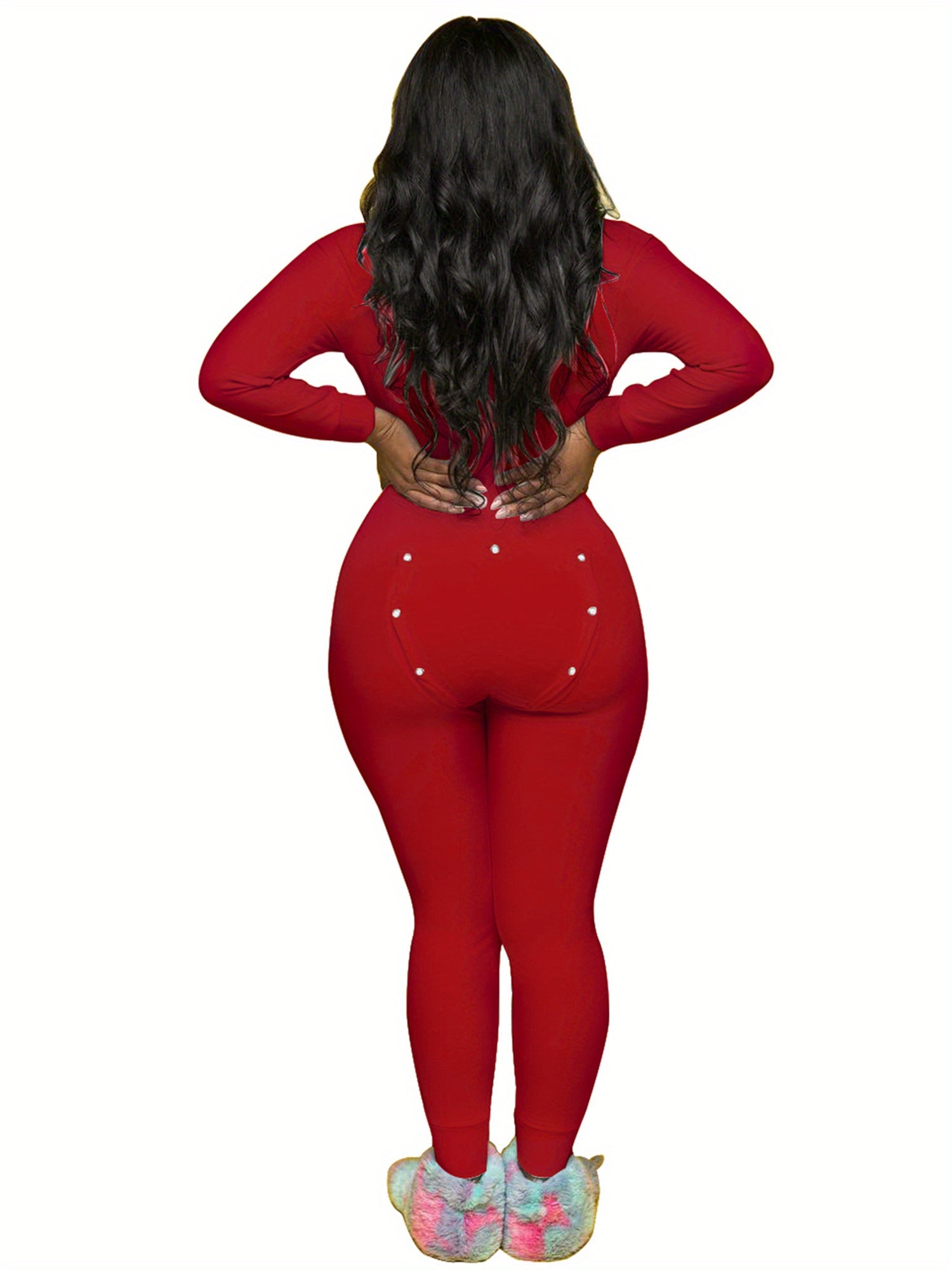Luxurious Deep V Neck One Piece Bodycon Jumpsuits - Soft Long Sleeve Pajamas Pants with Flap, Comfortable Home Wear Outfit for Women - Cozy Rompers for Relaxation and Leisure