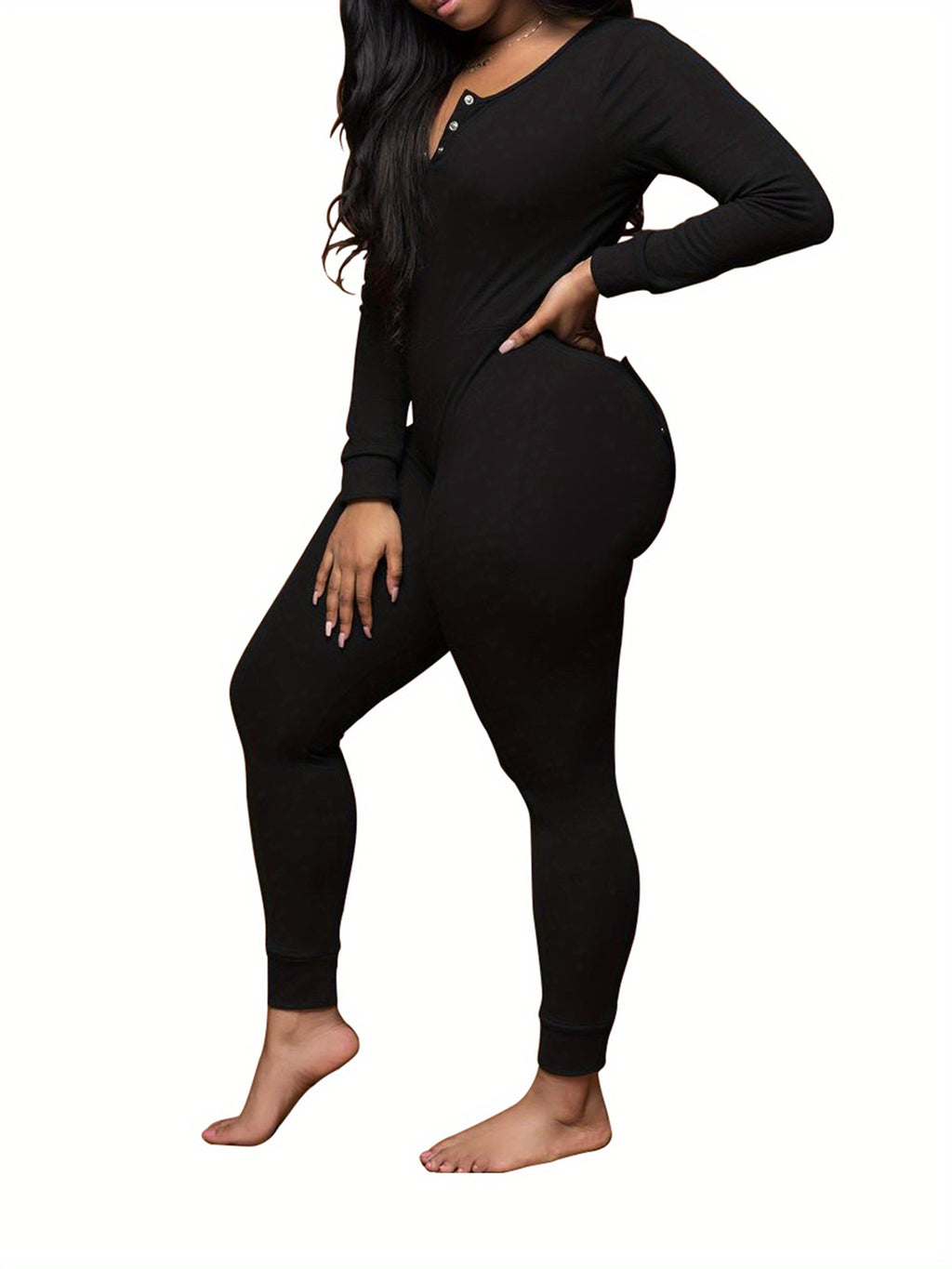 Luxurious Deep V Neck One Piece Bodycon Jumpsuits - Soft Long Sleeve Pajamas Pants with Flap, Comfortable Home Wear Outfit for Women - Cozy Rompers for Relaxation and Leisure