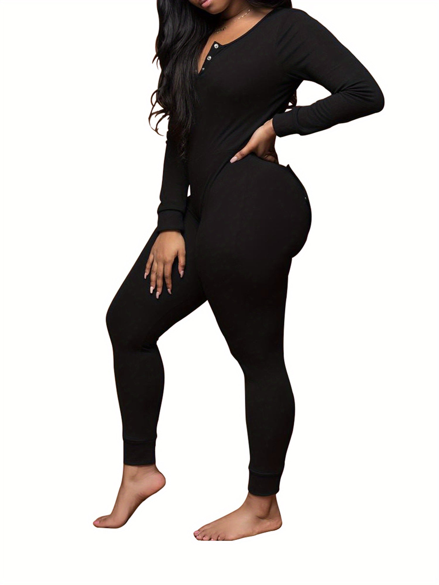 Luxurious Deep V Neck One Piece Bodycon Jumpsuits - Soft Long Sleeve Pajamas Pants with Flap, Comfortable Home Wear Outfit for Women - Cozy Rompers for Relaxation and Leisure
