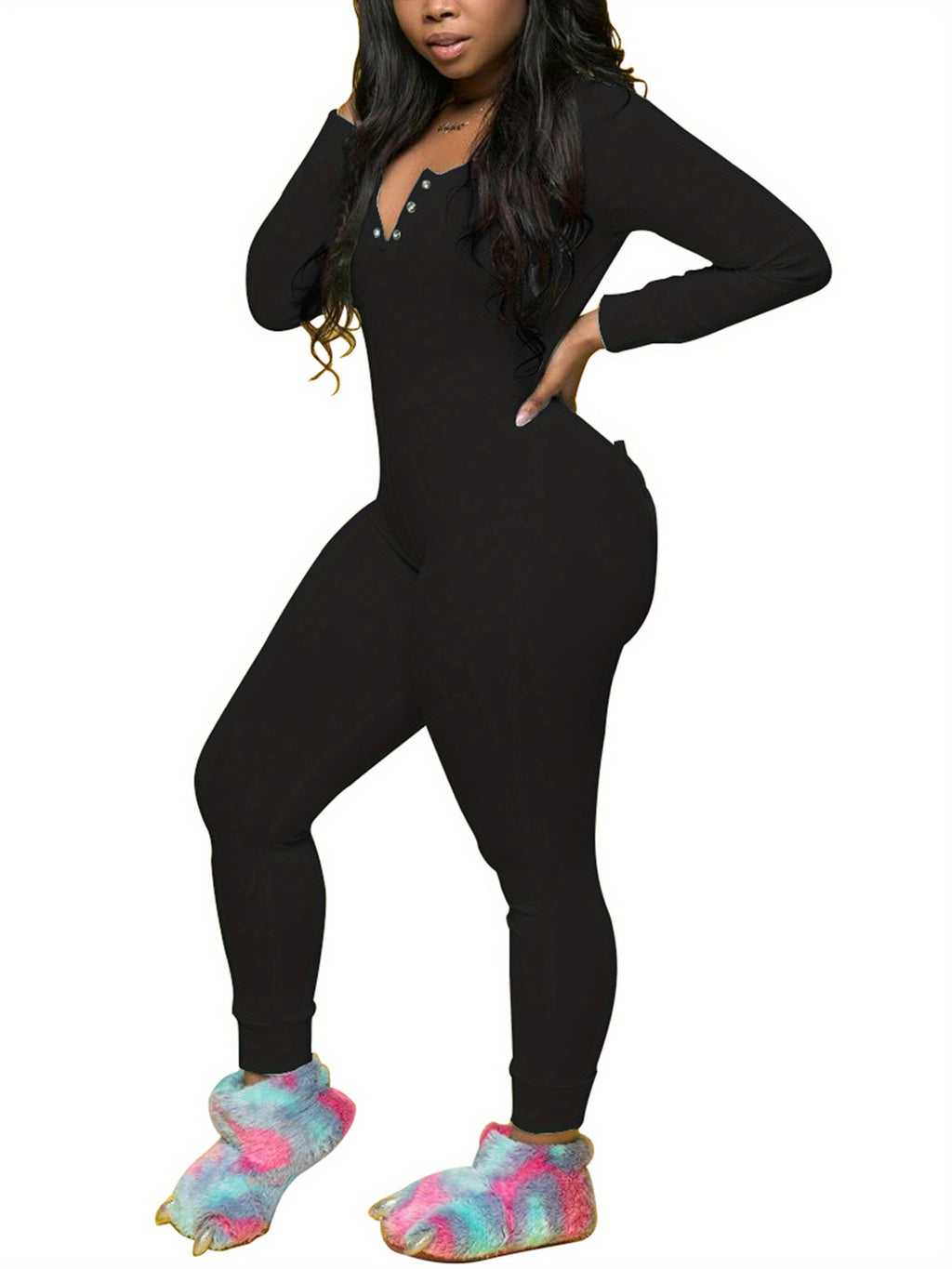 Luxurious Deep V Neck One Piece Bodycon Jumpsuits - Soft Long Sleeve Pajamas Pants with Flap, Comfortable Home Wear Outfit for Women - Cozy Rompers for Relaxation and Leisure