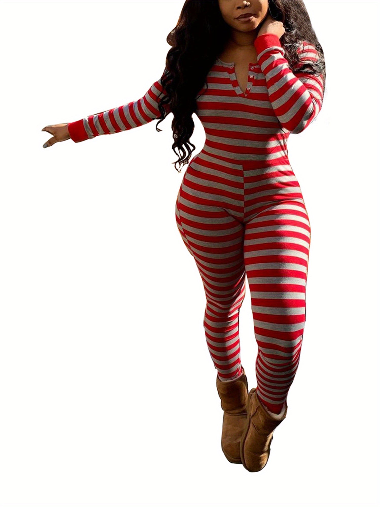 Luxurious Deep V Neck One Piece Bodycon Jumpsuits - Soft Long Sleeve Pajamas Pants with Flap, Comfortable Home Wear Outfit for Women - Cozy Rompers for Relaxation and Leisure