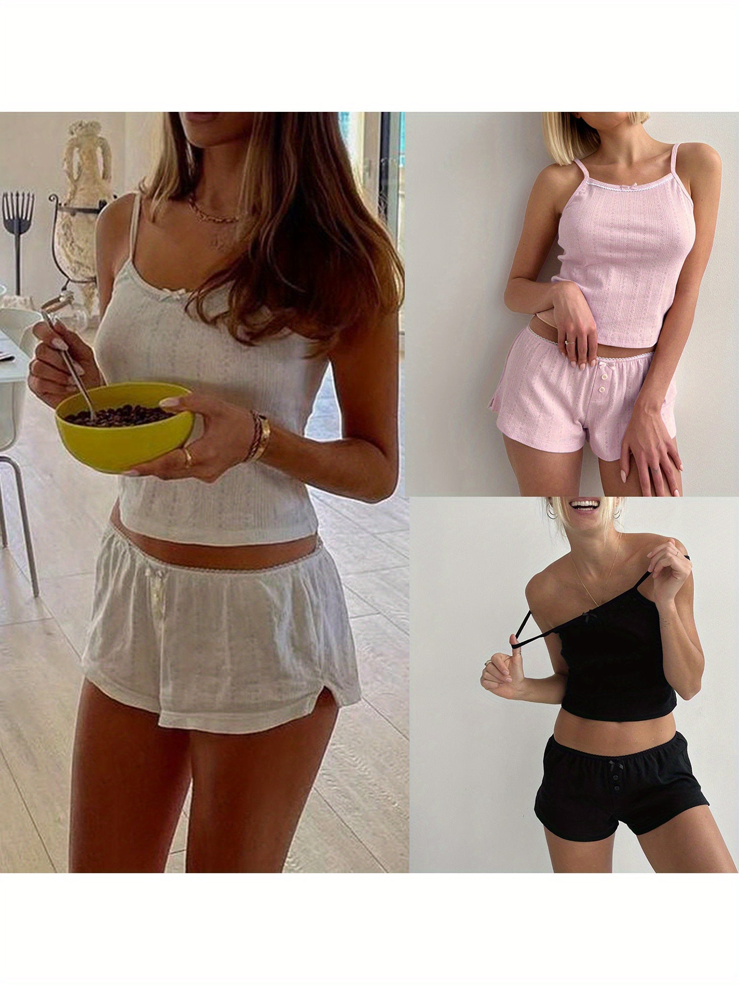 Women Loungewear Set 2pcs Suits Lace Trim Eyelet Camisoles Tank Tops and Shorts Pajamas Outfits