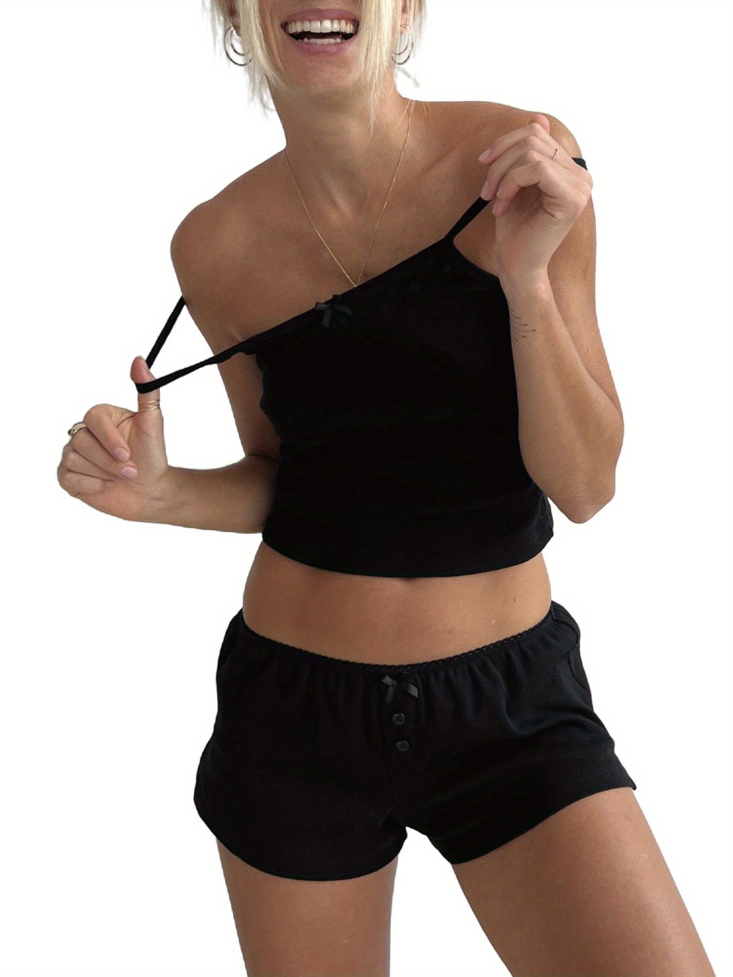 Women Loungewear Set 2pcs Suits Lace Trim Eyelet Camisoles Tank Tops and Shorts Pajamas Outfits