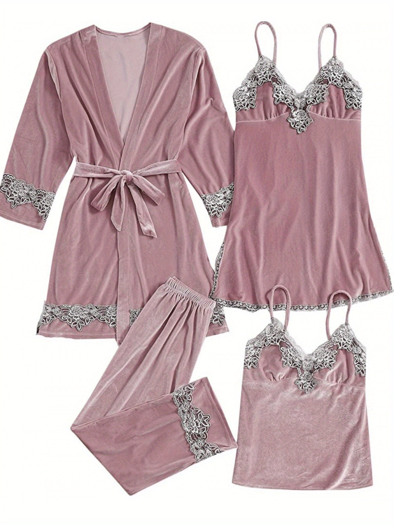 Women's Lace Pajamas Set Long Sleeve Four Piece Suspender Set Home Clothes Set 4 Piece Floral Lace Trimmed Velvet Camisole Pajama Set