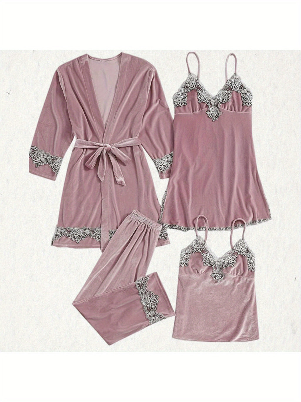 Women's Lace Pajamas Set Long Sleeve Four Piece Suspender Set Home Clothes Set 4 Piece Floral Lace Trimmed Velvet Camisole Pajama Set