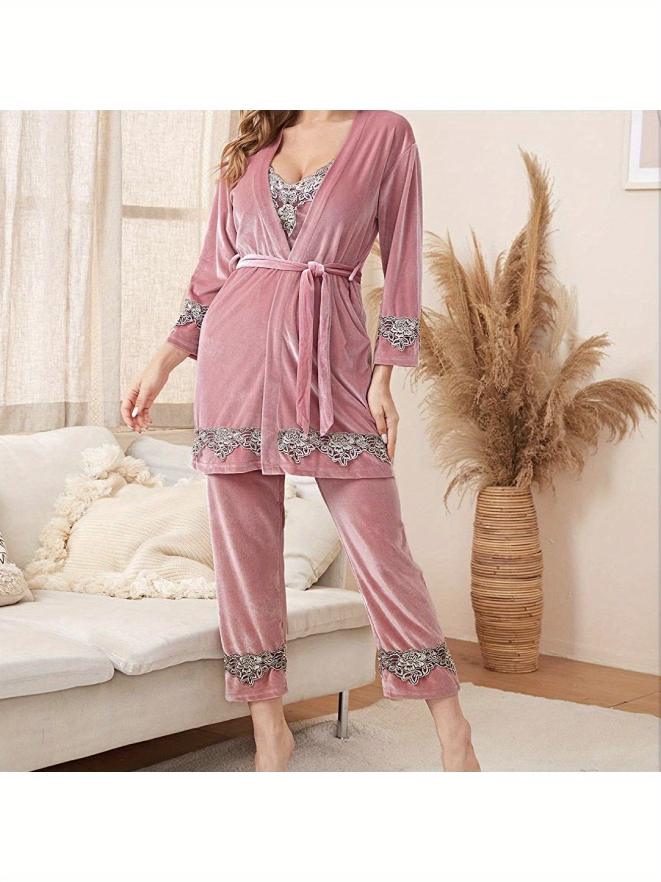 Women's Lace Pajamas Set Long Sleeve Four Piece Suspender Set Home Clothes Set 4 Piece Floral Lace Trimmed Velvet Camisole Pajama Set
